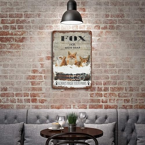 Miniatura 5 de Placa colgante de hierro vintage con diseño de zorro, letrero de hojalata vintage con texto en inglés "Wash Your Paws", letrero de metal para bar,