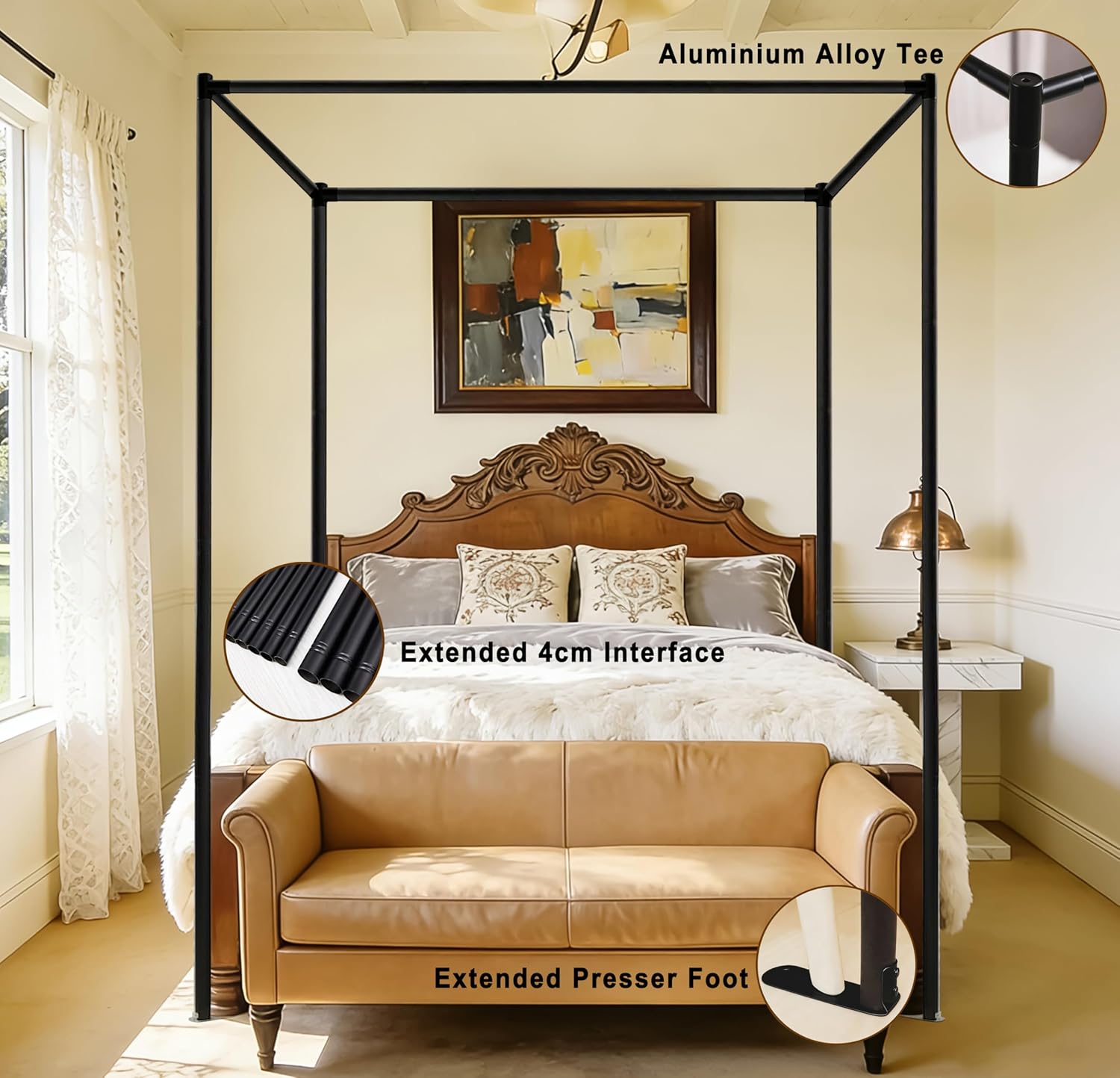 Canopy Bed Frame, Stainless Steel Bed Post Poles with Aluminum Connectors Thicken Canopy for Wood or Metal Beds Bedroom Decor (Black, Queen)
