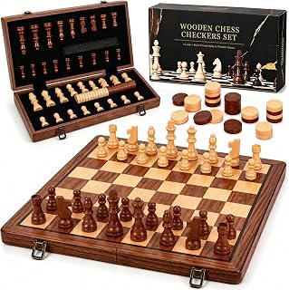 15-Inch Magnetic Wooden Chess Set, 2-in-1 Chess and Checkers Game with Foldable Board and Built-In Storage for Adults and Kids