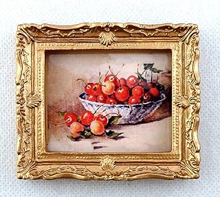 Melody Jane Dolls Houses House Miniature Accessory Bowl of Cherries Picture Painting in Gold Frame