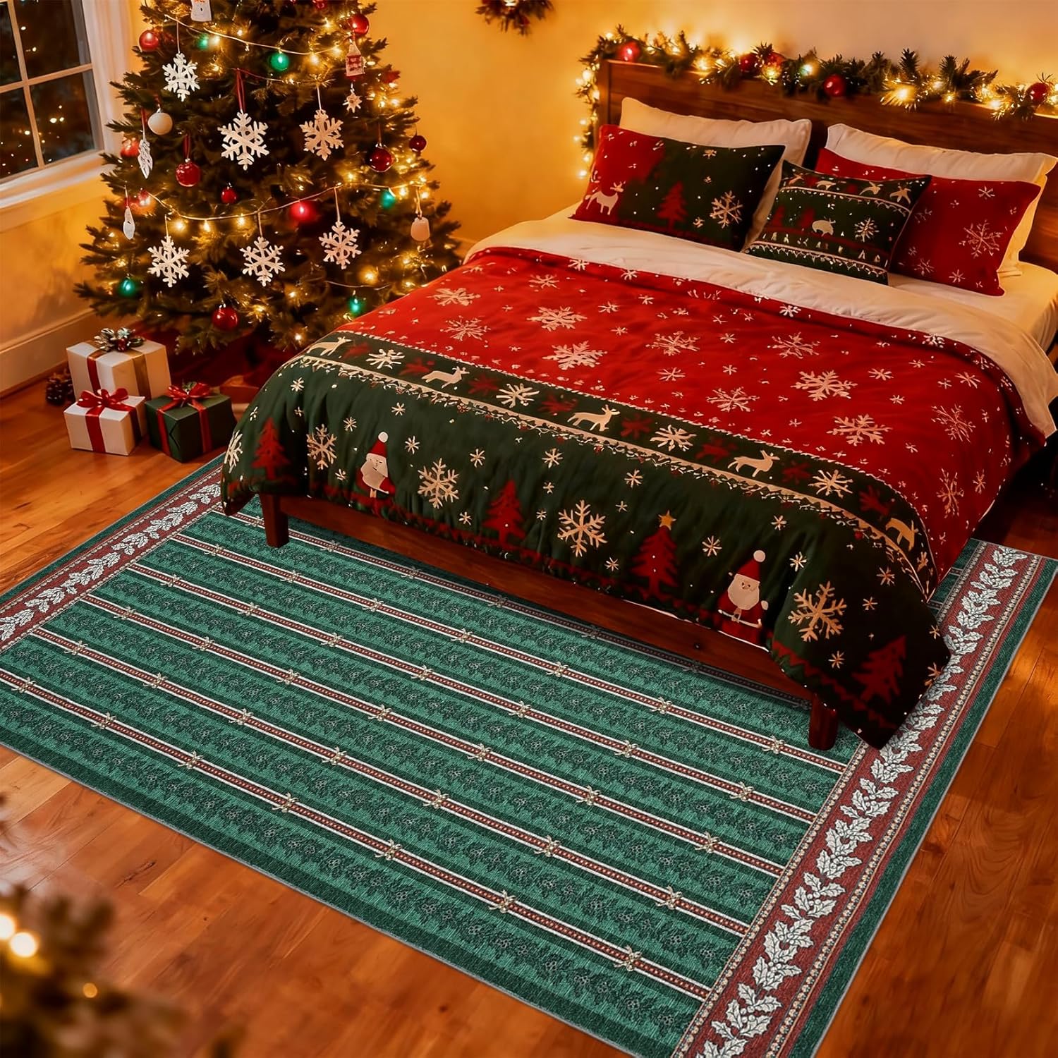 GarveeHome Christmas Rugs 3x5, Entryway Machine Washable Rug with Non Slip Backing, Low-Pile Stain Resistant Doormat for Indoor Outdoor Hallways Kitchen Bathroom Bedroom Green