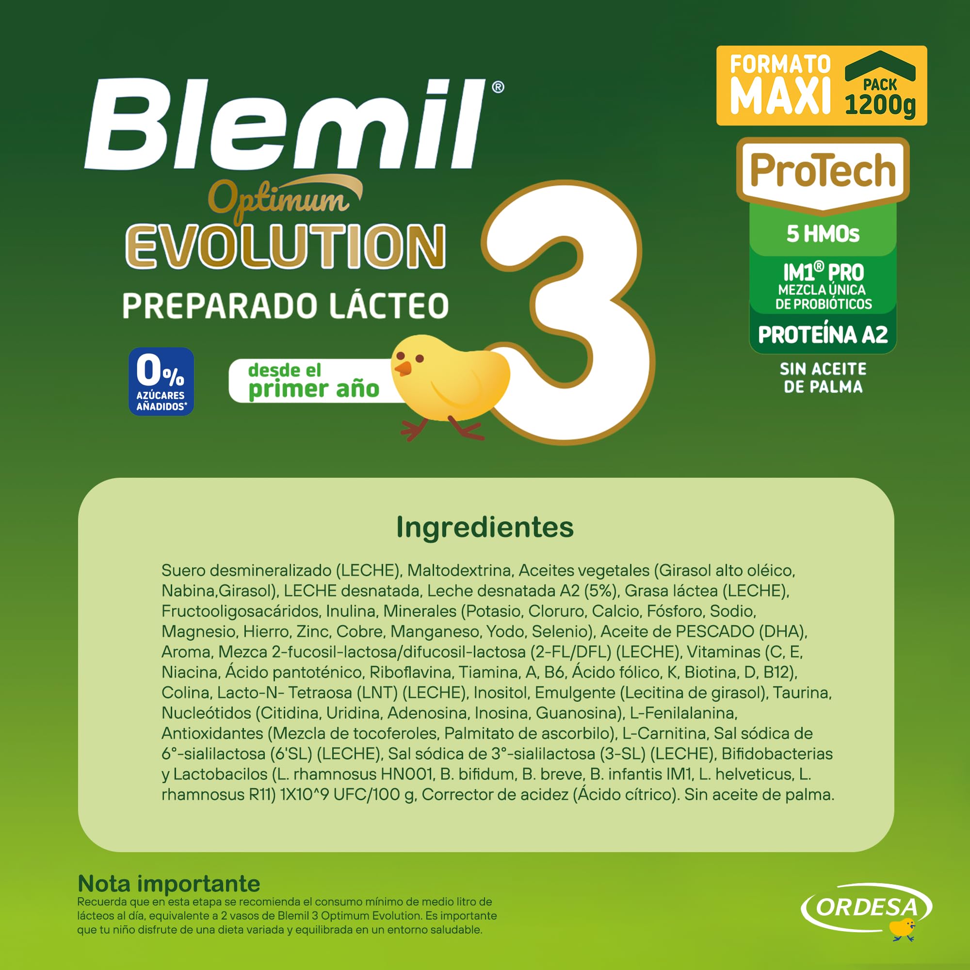 Blemil 3 Optimum Evolution 1200g Preparado Lácteo en Polvo para Niños 1-3 años 0% Azúcares Añadidos sin Aceite de Palma