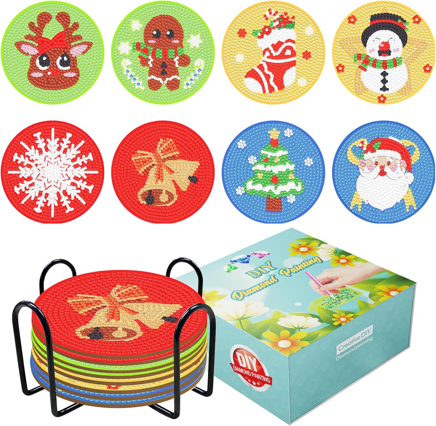 OTAOD 8 Pcs Christmas Diamond Painting Coasters with Holder, Christmas Diamond Art Kit, Diamond Painting Kits for Adults Beginners, DIY Diamond Coasters Craft Supplies for Holiday Decor Gifts