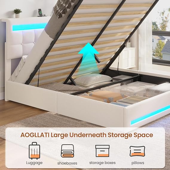 AOGLLATI 5ft King Ottoman Bed Frame 150×200 cm with Charging Station and LED Lights, Upholstered Platform Bed frame with Under-bed Storage and Storage Headboard, No Box Spring Needed, Off-white Linen