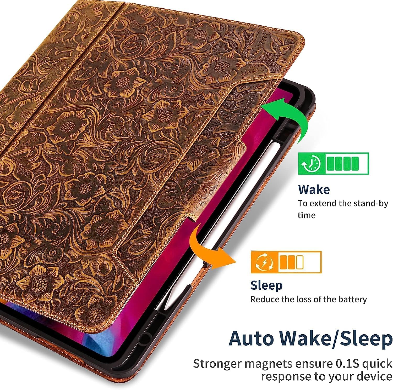 Gexmil Leather Case for iPad Pro 12.9 Inch, 6th/5th/4th/3rd Generation 2022/2021/2020/2018,Genuine Leather Folio Cover Shockproof with Pencil Holder,Magnetic Buckle Auto Sleep/Wake,Flower Pattern - Image 3