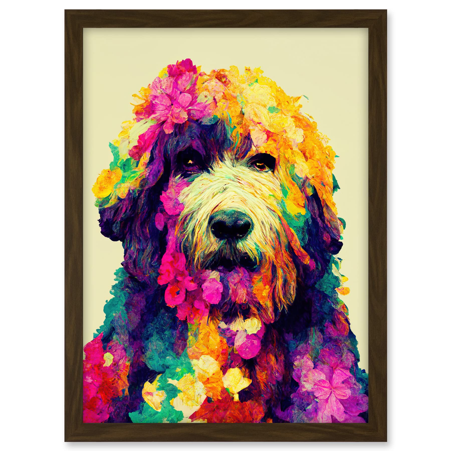 Wee Blue Coo Colourful Vibrant Floral Labradoodle Dog Abstract Portrait Artwork Framed A3 Wall Art Print