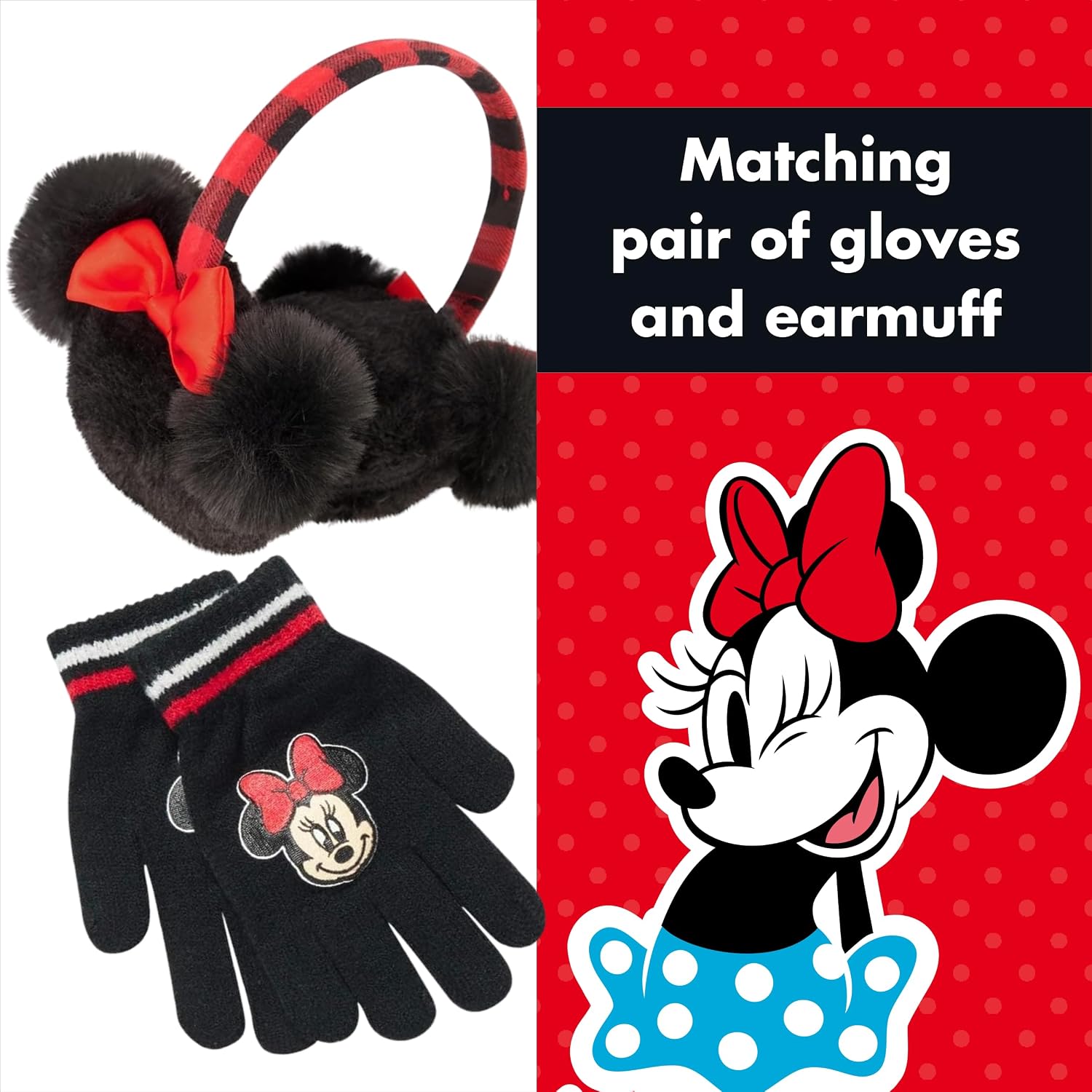 Disney Girls Winter Hat, Earmuffs And Kids Gloves Set, Minnie Mouse For Ages 4-7