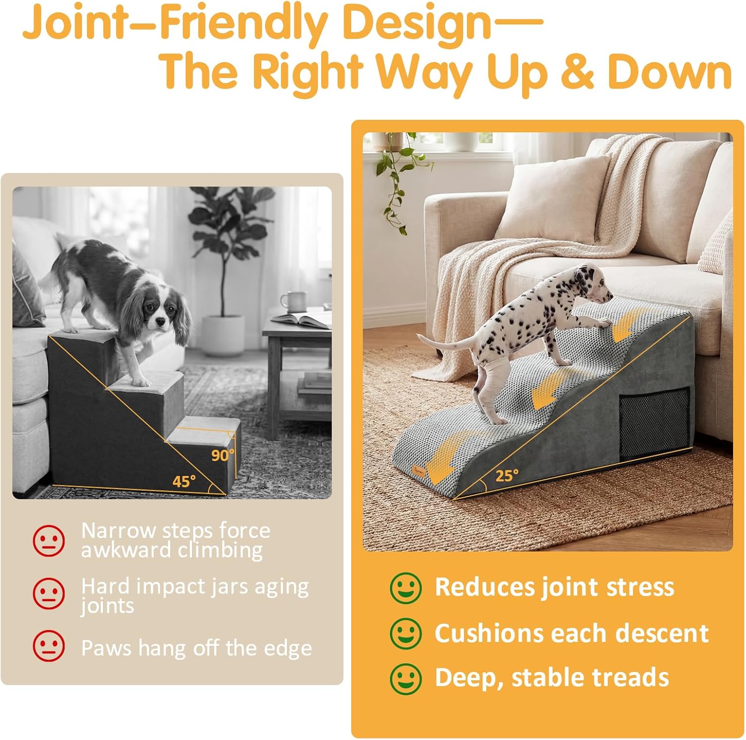 topmart high density extended foam dog ramp&steps 3 tiers,15.7" high,non-slip dog stairs with removable cover,soft foam pet ladder,best for injured,older cats,pets with joint pain grey extended 3-step,15.7"h