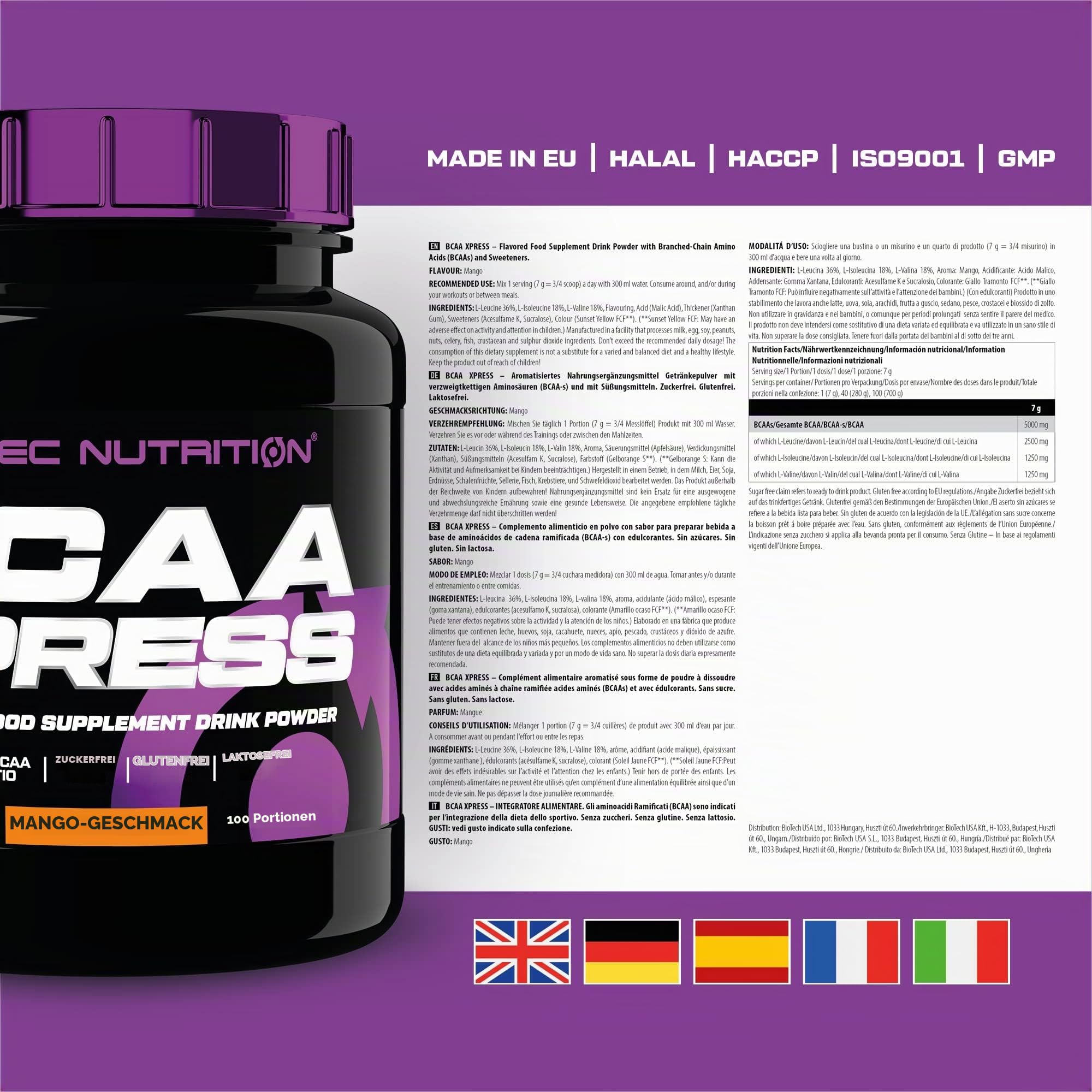 Scitec Nutrition BCAA Xpress, Zucker-, Gluten- & Laktosefrei, 5g reine BCAA, Muskelaufbau & Wachstum, 2:1:1 Aminosäurenverhältnis, aromatisiert & leicht zu mischen, 700 g, Mango
