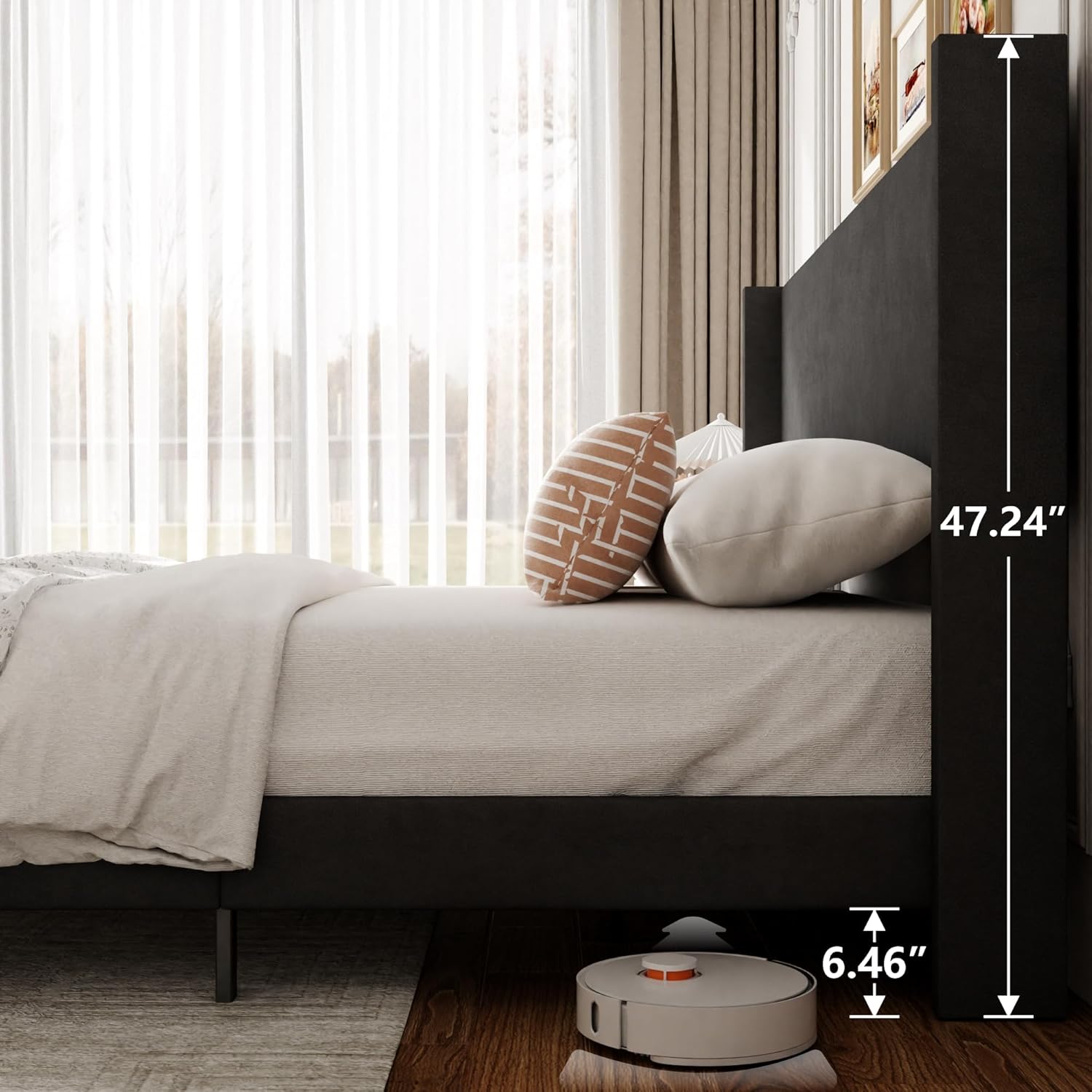 Sismplly King Bed Frame with Wingback Headboard, Velvet Upholstered Platform Bed with Wooden Slats, 6.46“ Under Bed Storage, Metal Support, Noise Free, No Box Spring Needed, Gray