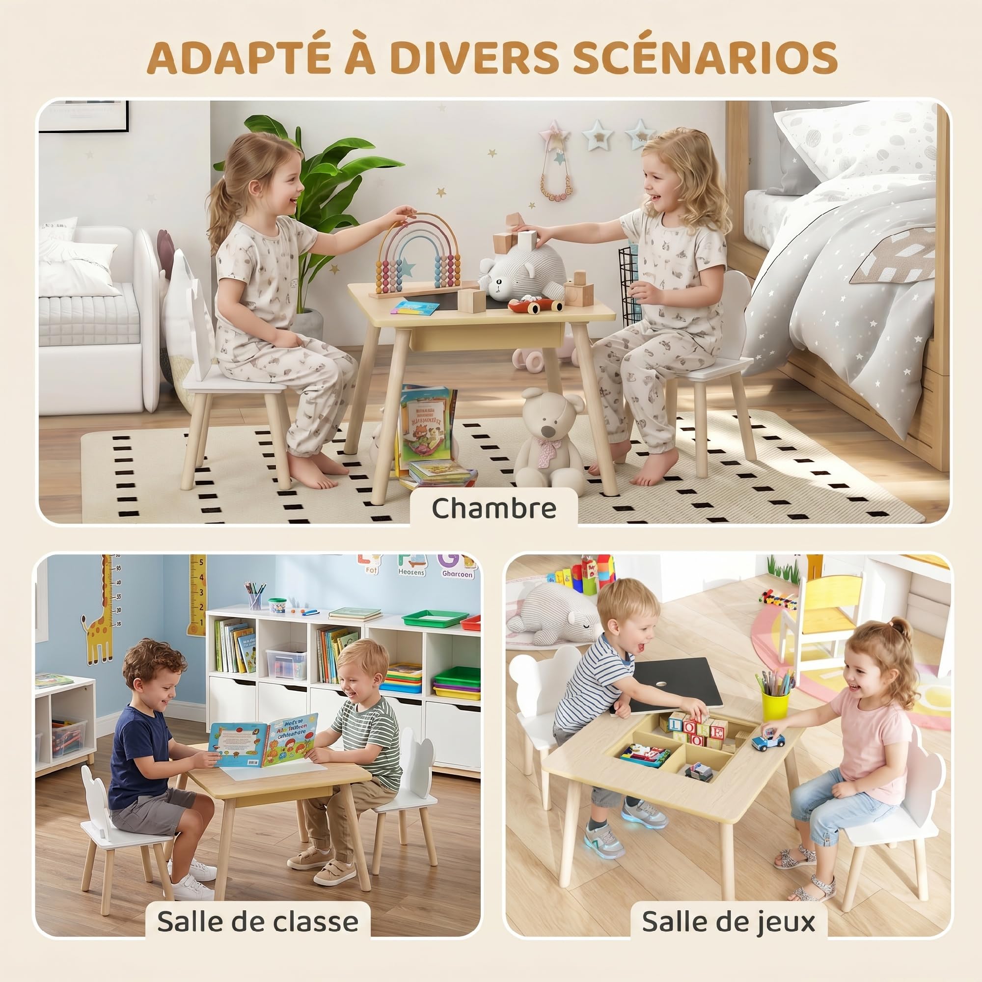 AIYAPLAY Ensemble Table et 2 Chaises 3 pièces Enfants Plateau réversible Bois Naturel