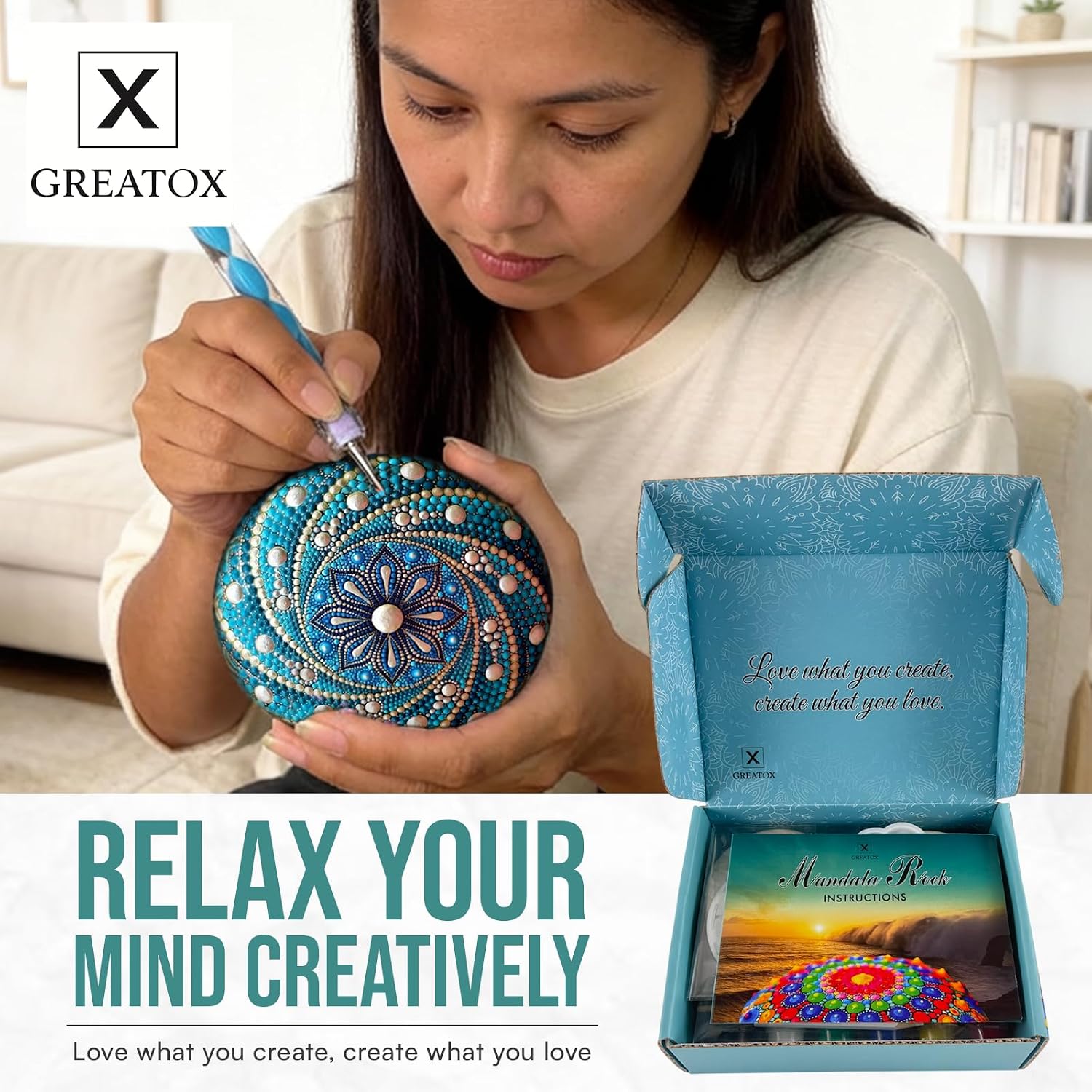 GREATOX Mandala Painting Kit for Adults – Wooden Rock Art Kit with Dotting Tools, Dot Paint Brush, Stencils & Acrylic Paints, DIY Craft Gift for Women & Beginners