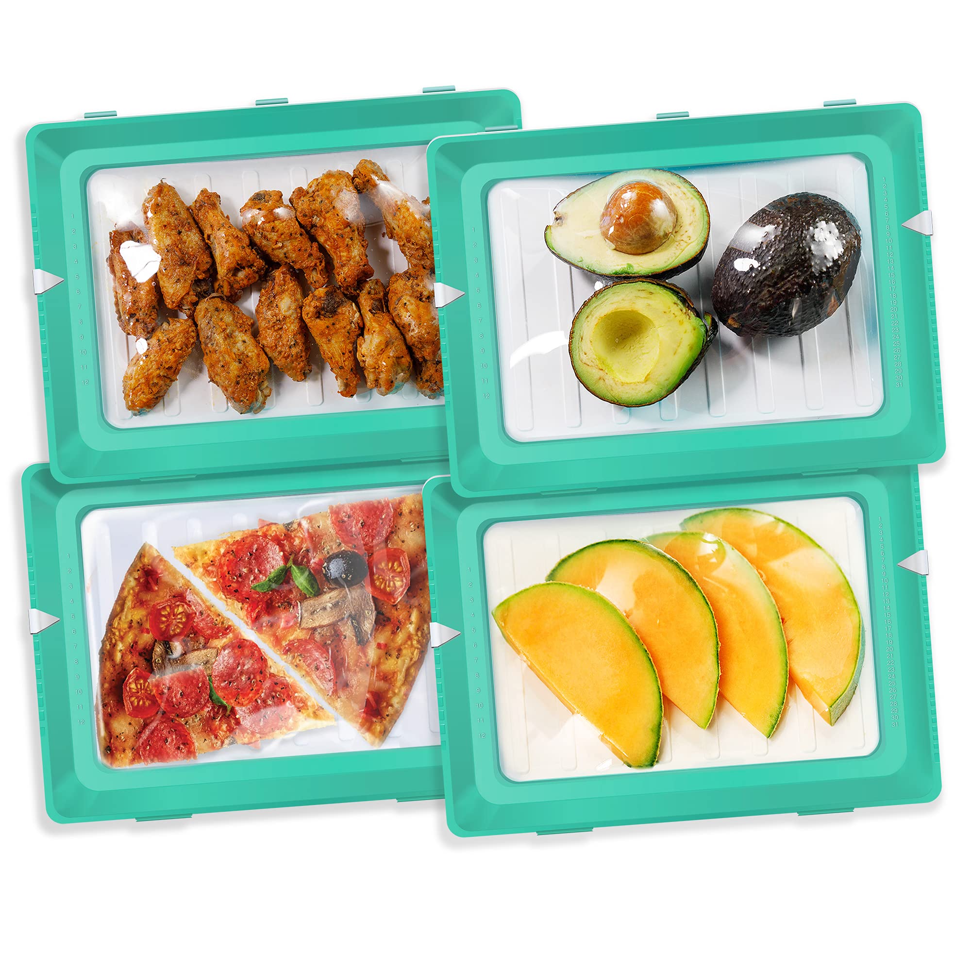 SKINNY STACKS2021 Version - Stacking Food Storage Trays, Stretch Cover, Save Space and Keep Food Fresh, Reusable, Dishwasher & Freezer Safe, Durable, Meal-Prep, Food Storage Containers, 4 pack