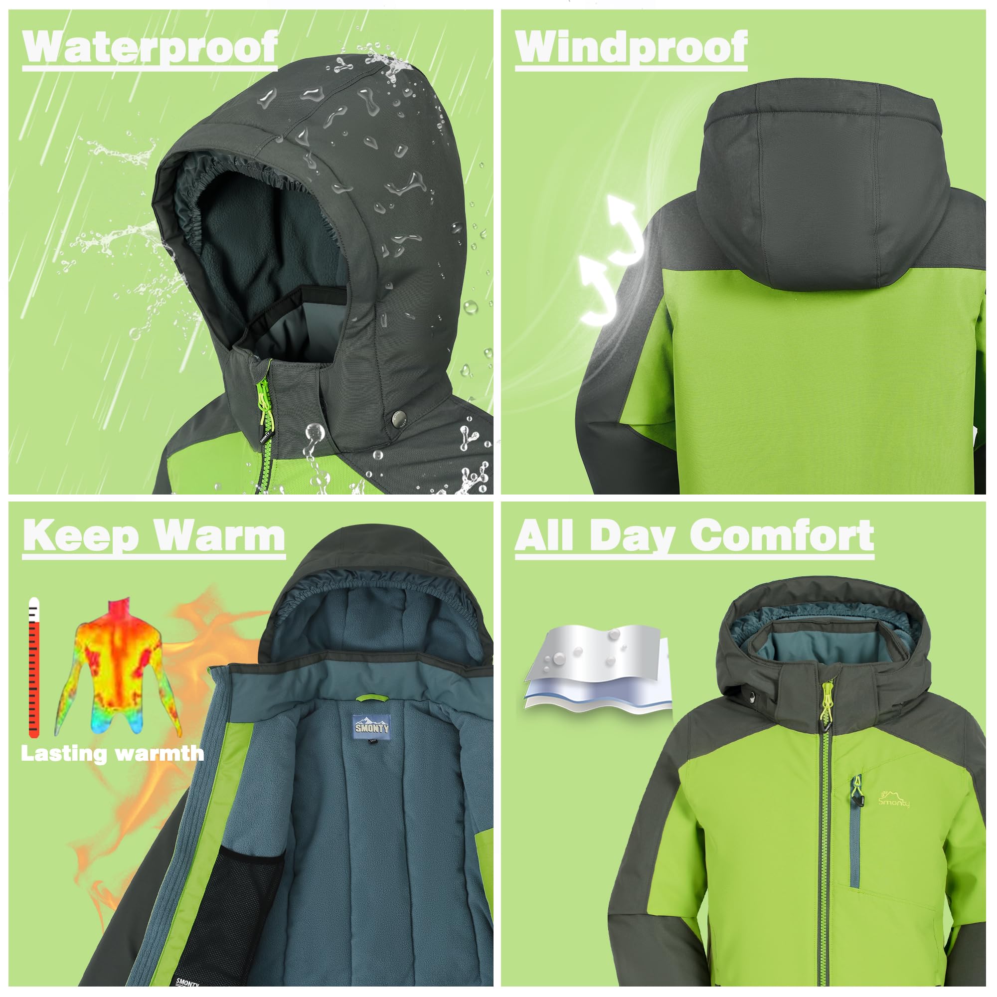 SMONTY SNOWER Combinaison de neige pour garçons avec capuche amovible, combinaison de ski, chaleur supplémentaire, combinaison d’hiver