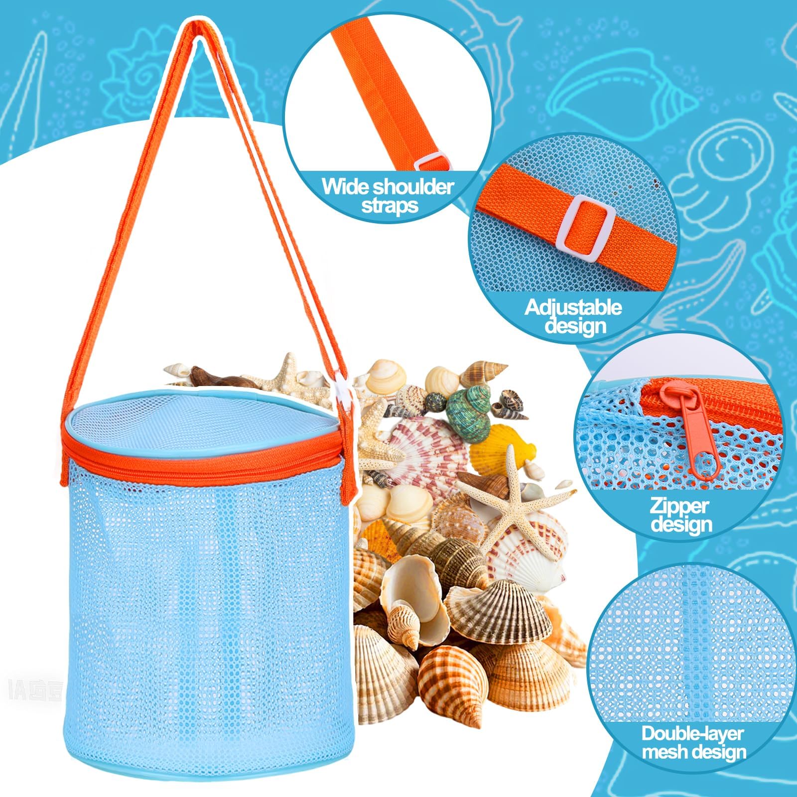 Borsa A Rete UTTPLL Per Spiaggia, Bambini – Asciugatura Rapida, Con Cerniera, Per Conchiglie E Giocattoli – 24,9x20,1x7,9 Cm