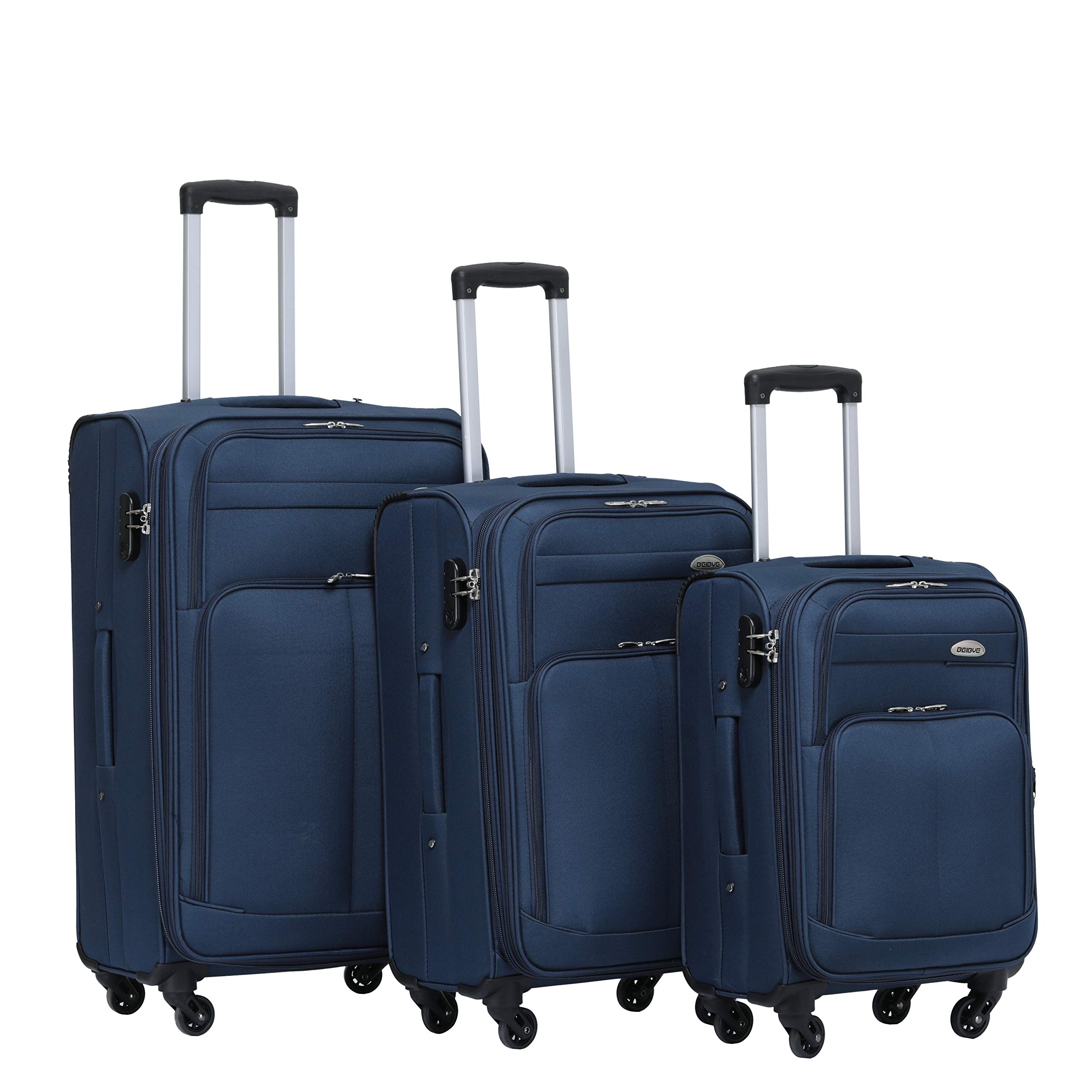 BEIBYE Stoff Kofferset Trolley Gepäckset mit Vorder Taschen, Oberer Öffnung und Dehnungsfuge (Blau)