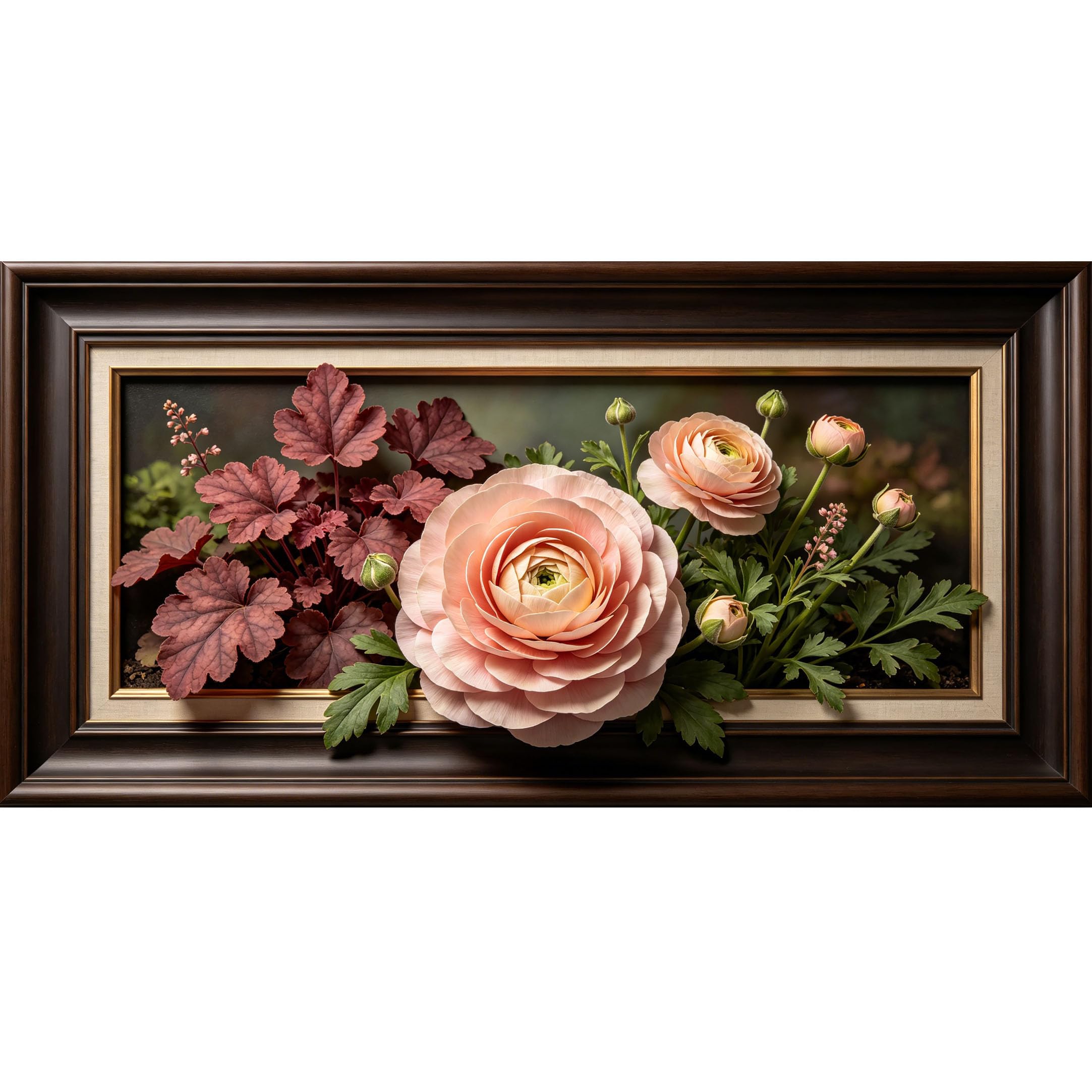 Agglomerix 3D Framed Wall Art Ranunculus and Heuchera Floral Botanical Relief Effect Large Size Self-Adhesive Removable Wall Decor Prints Artwork for Living Room Bedroom Office