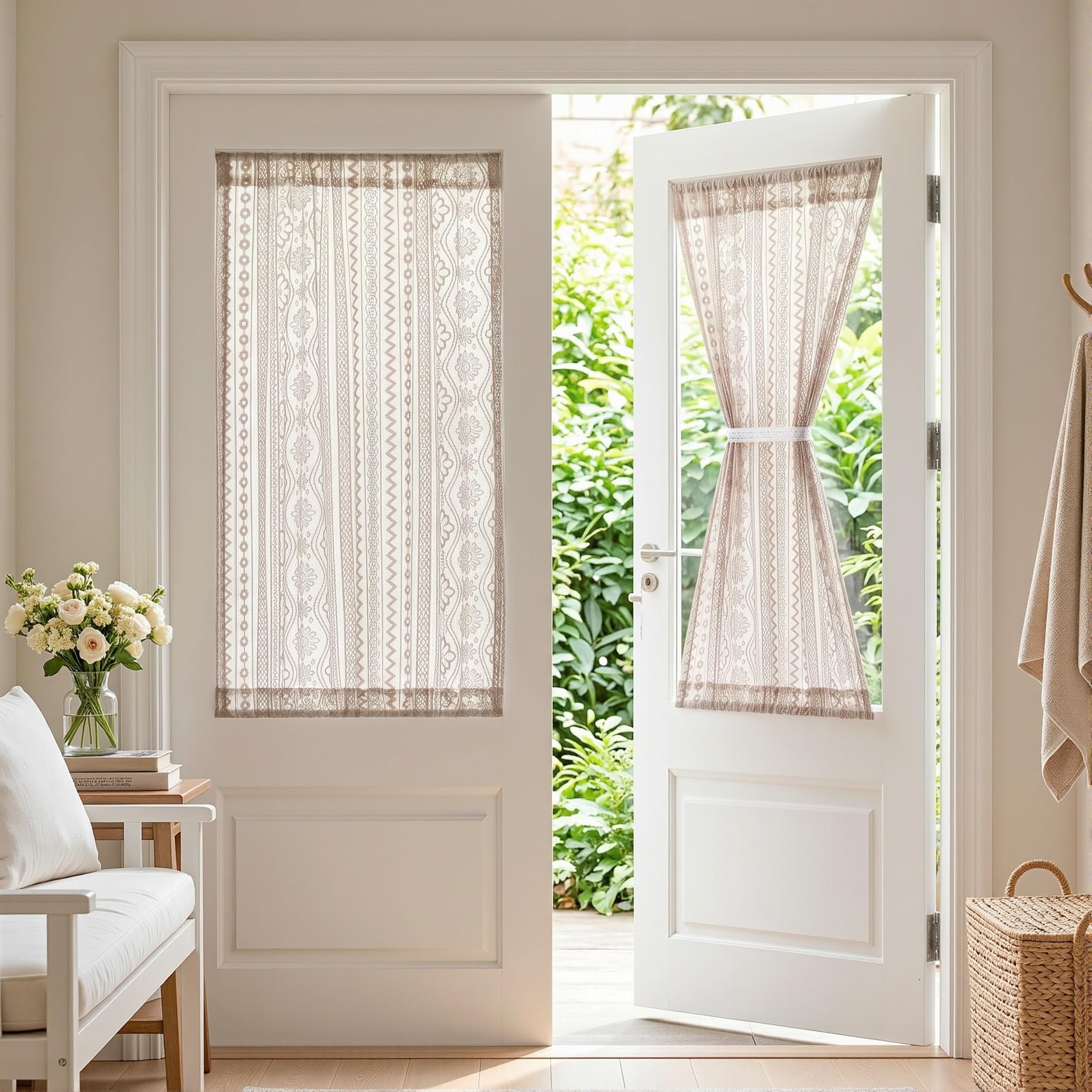 MYSKY HOME Lace French Door Curtains 40 inch Long 2 Panels Boho Sheer Floral Curtains for Door Window Scalloped Doorway Sidelight Curtains Come with 2 Matching Tie-Backs, 26" Wide Each Panel, Brown