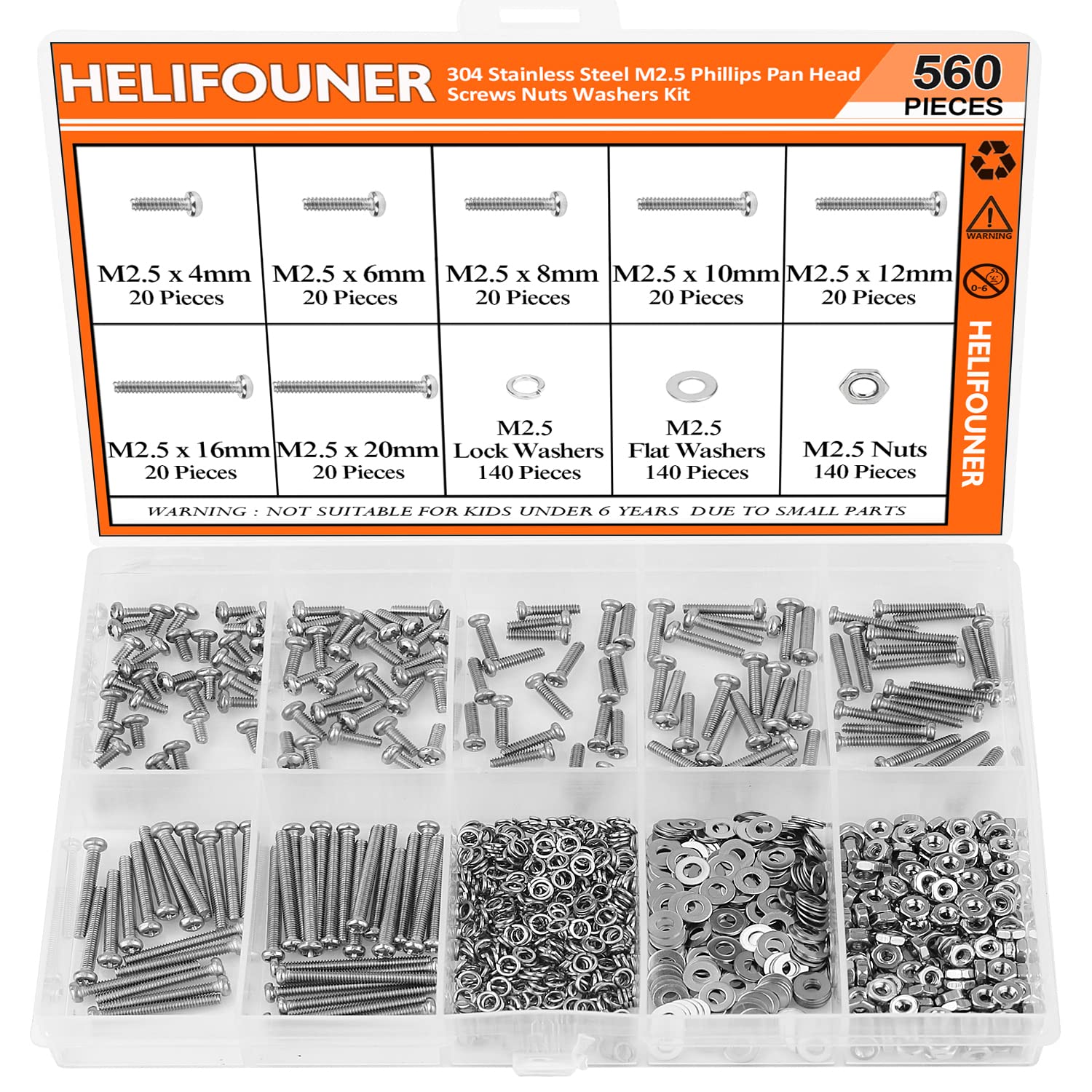 HELIFOUNER 560 Pieces M2.5 x 4mm /6mm /8mm /10mm /12mm /16mm /20mm, Phillips Pan Head Machine Screws, Metric Screws Bolts Washers Nuts Kit, 304
