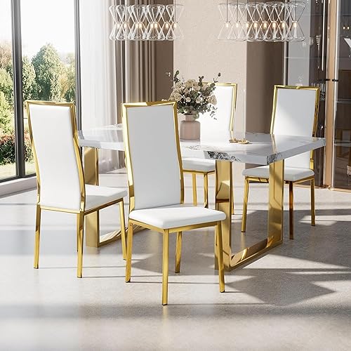 Juego de 4 sillas de comedor modernas de piel sintética blanca con patas de metal dorado cromado, diseño curvado de respaldo alto y amortiguación de