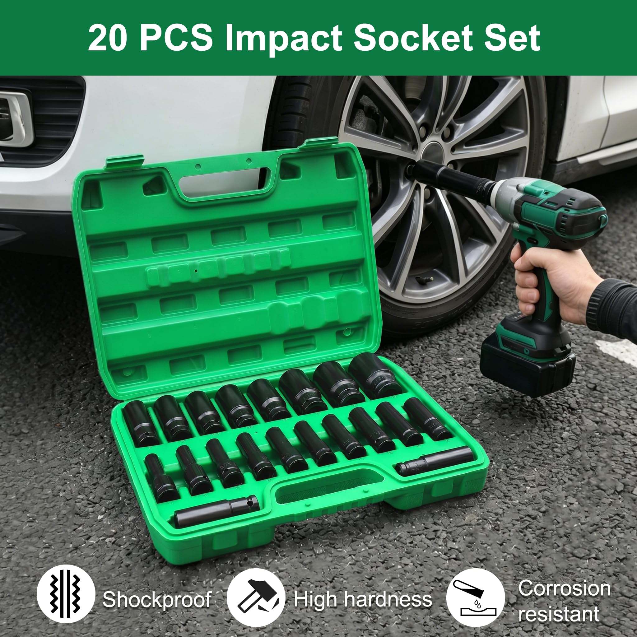 Schlagschrauber Nüsse Set 1/2" Zoll Antrieb, 10-32mm CR-Mo Sechskant Steckschlüssel Set für pneumatische und elektrische Schlagschrauber,robustes Stecknuss-Sortiment