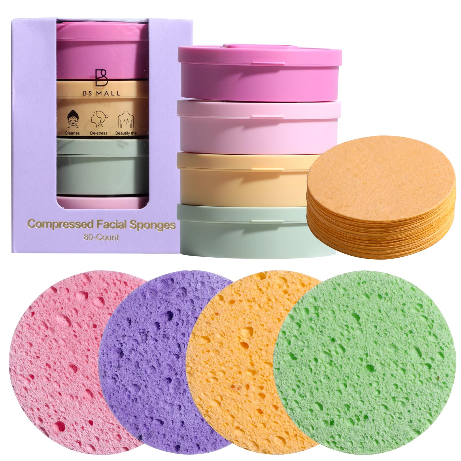 BS-MALL Compressed Facial Sponges - 80-count Reusable Cotton Pads For Face Cleansing,100% Natural Cosmetic Spa Sponges for Facial Cleansing, Soft