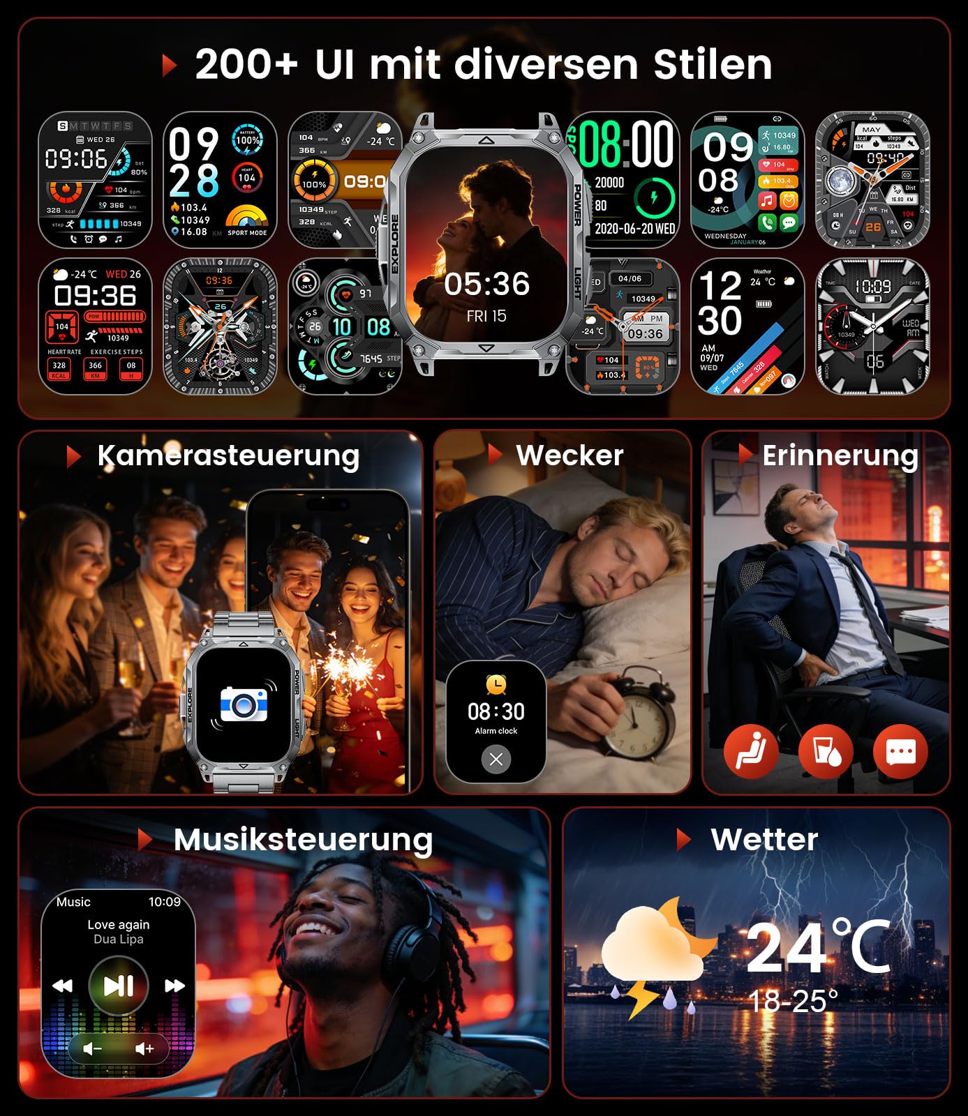 FITFLEX Militär Smartwatch Herren mit 1000 mAh,2,01" HD Großes Touchscreen Smartwatch mit Telefonfunktion/Herzfrequenz/SpO2/Schlafmonitor,IP68 Wasserdicht Fitnessuhr mit 120+Sportmodi für iOS Android