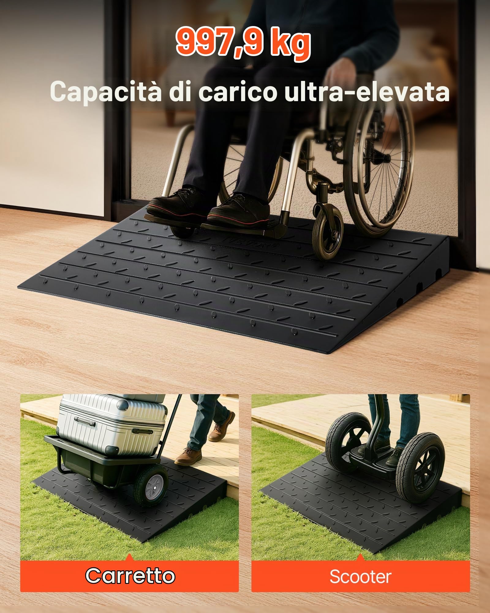 VEVOR Rampa di Soglia in Gomma Soglia di Aumento da 3", Copertura del Cavo a 3 Canali Rampa di Soglia in Gomma Solida, Ingresso Angolato Capacità di Carico di 2200 libbre