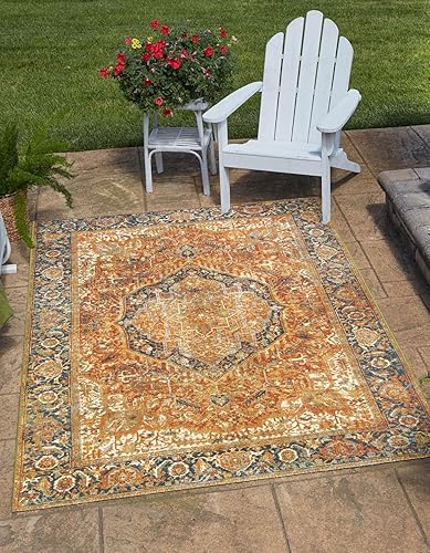 Unique Loom Outdoor Traditional Collection - Alfombra rectangular de 4 pies 1 pulgada x 6 pies 1 pulgada, rojo óxidobeige