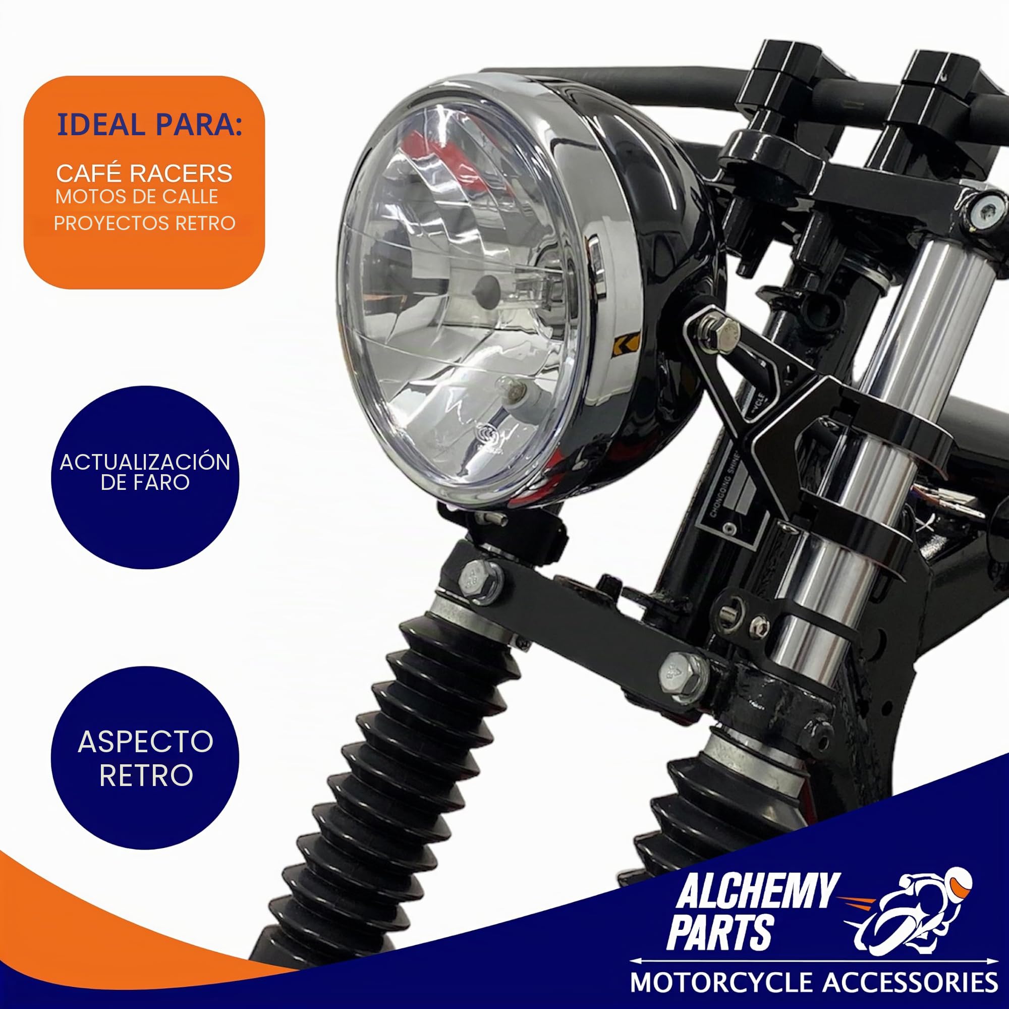 Faro cromado para motocicleta | Faro delantero universal de 165mm para Cafe Racers, proyectos retro y Street Bike personalizadas | Marcado E y homologación europea (negro brillante con bisel Chome)
