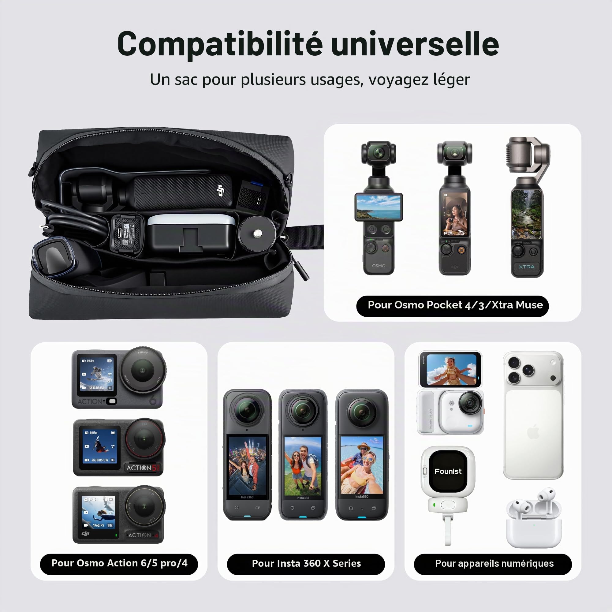 CYNOVA Sac de transport pour DJI Osmo Pocket 4, Osmo Pocket 4 avec bandoulière, grande capacité, étui de transport de protection pour Osmo Pocket 3, accessoires Osmo Pocket 4/3/Xtra Muse