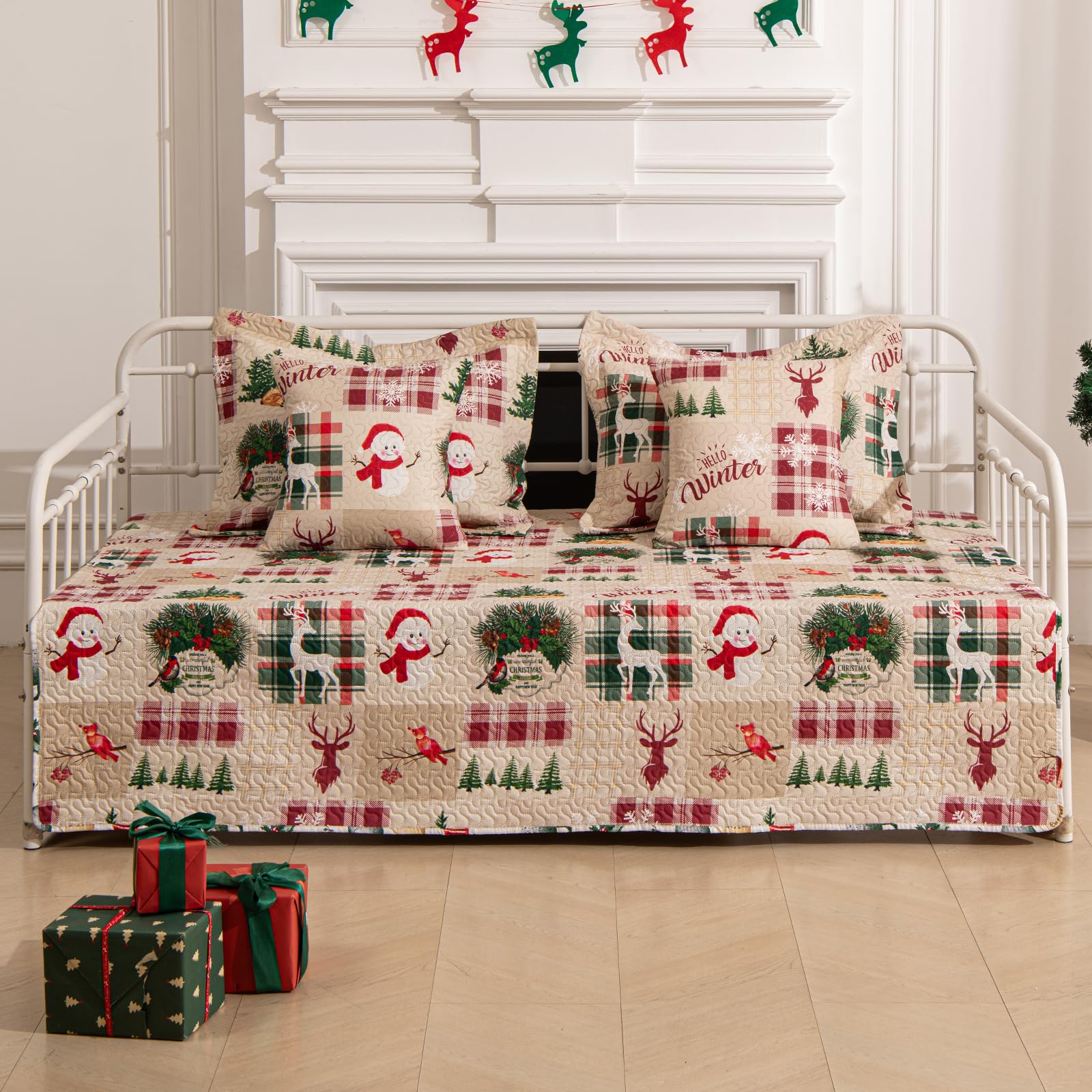 5-Piece Christmas Daybed Cover Set Twin Cozy Xmas Snowflake Reindeer Daybed Bedding Sets New Year Day Bed Comforter Bedspread, Santa Day Bed Cover with 4 Pillow Shams,39"x75"(Beige Red)