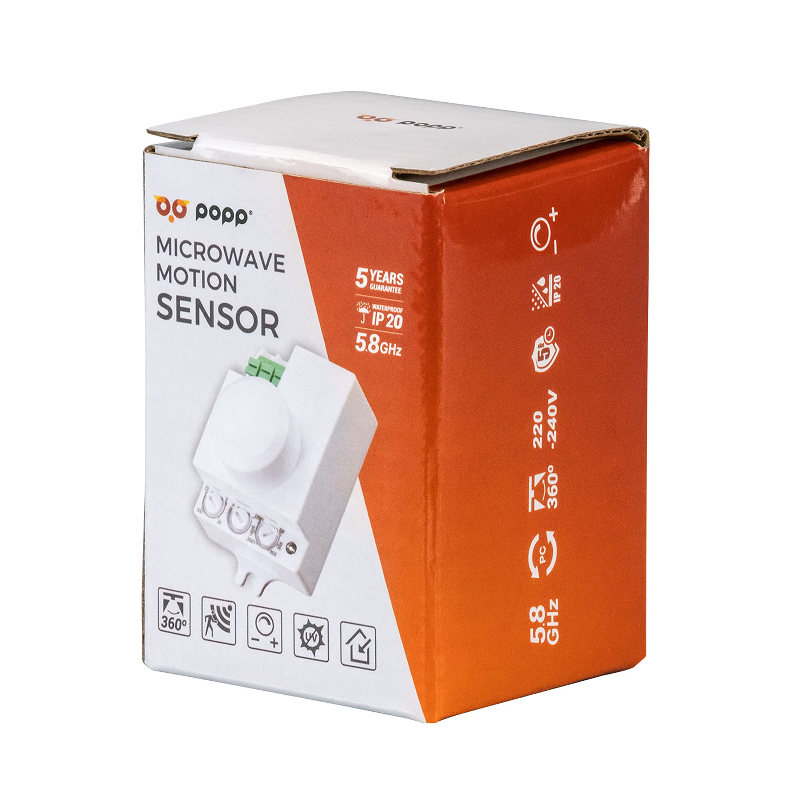 POPP® Electric Interruptor por Detección Sensor Regulable de Movimiento por Microondas de Superficie IP20, MAX. 360º 2-18m, Tiempo 10sec±3sec-12min±1min, Altura (Pack 2 Unidad)