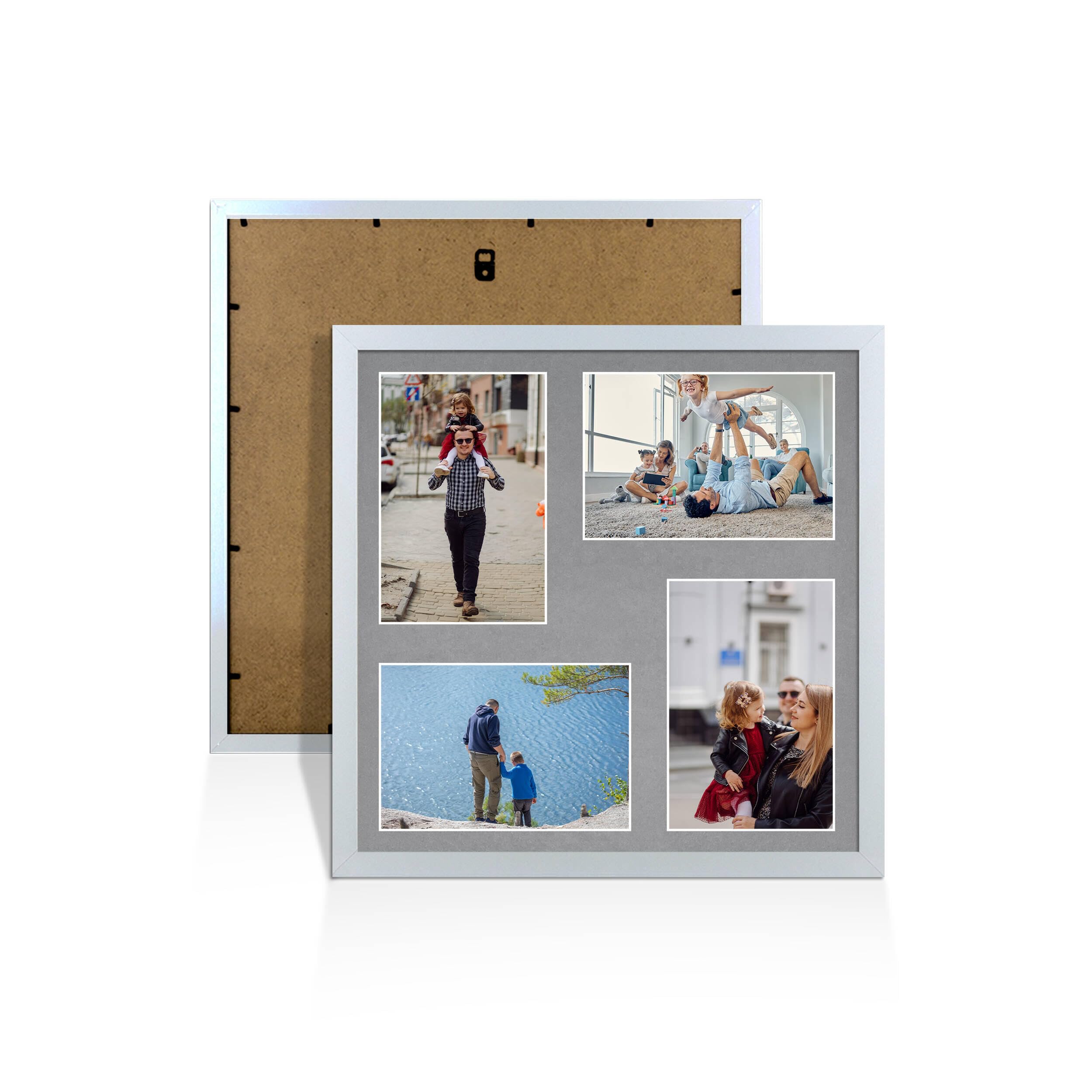 Alison Kingsgate Silver 12x12 Photo frames for multiple pictures - 4 Apertures Collage Frame with Mid Grey Mount - Holds (4x) 6x4 Photos - Engineered Wood & Perspex