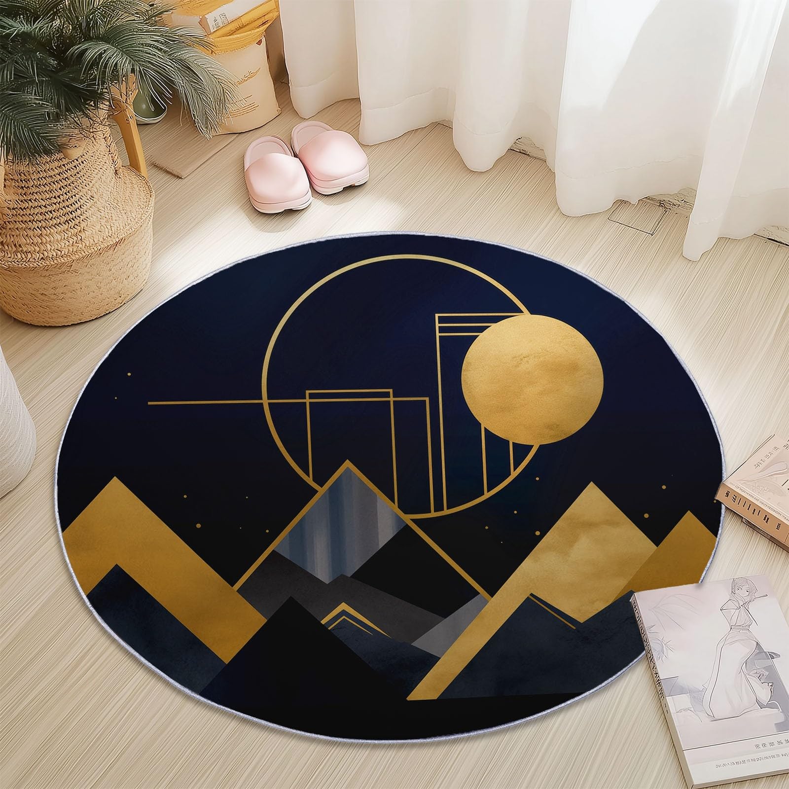Tapis Rond en Flanelle Noir et Doré de 120 cm de Diamètre, Motif Géométrique de Lune et Triangles Abstraits, Tapis Décoratif à Poils Ras Doux et Antidérapant pour Salon Moderne, Chambre ou Balcon