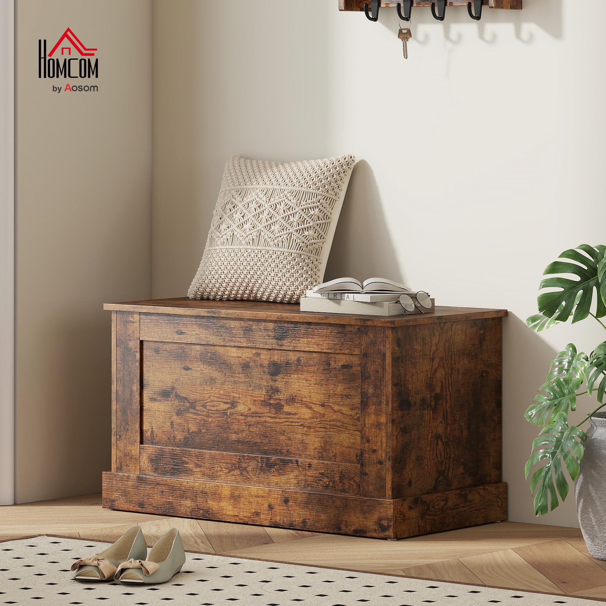 HOMCOM Aufbewahrungstruhe Spielzeugtruhe 80x40x45 cm Rustikales Braun | Aus Holz, Sicherheitsscharnier, für Wohnzimmer, Eingangsbereich