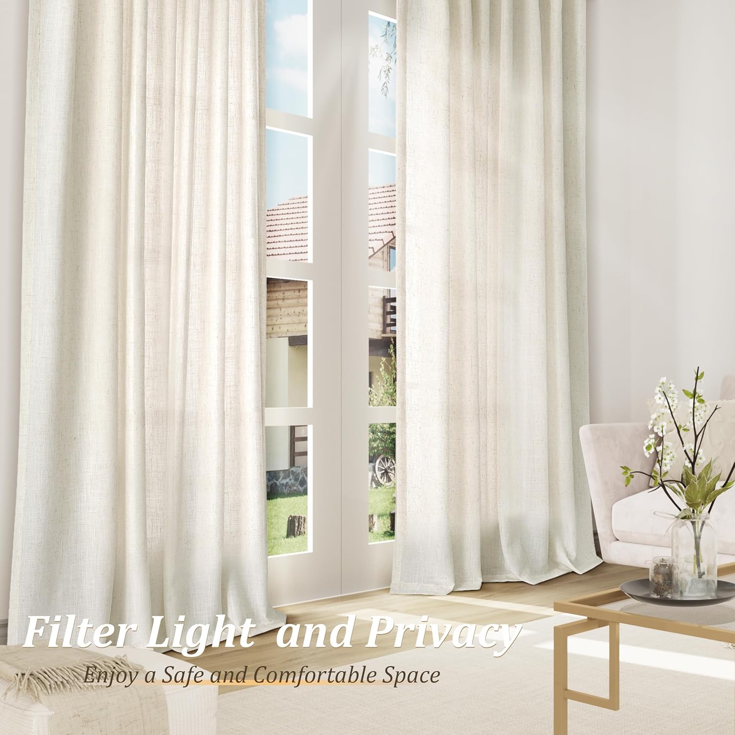 Natural Cream linen curtains 108 inches long for Living Room Bedroom 1 Panel Back Tab Privacy Semi Sheer Boho Farmhouse Light Filtering Window Curtain 108 Inch Length Ivory Off White Linen Drape