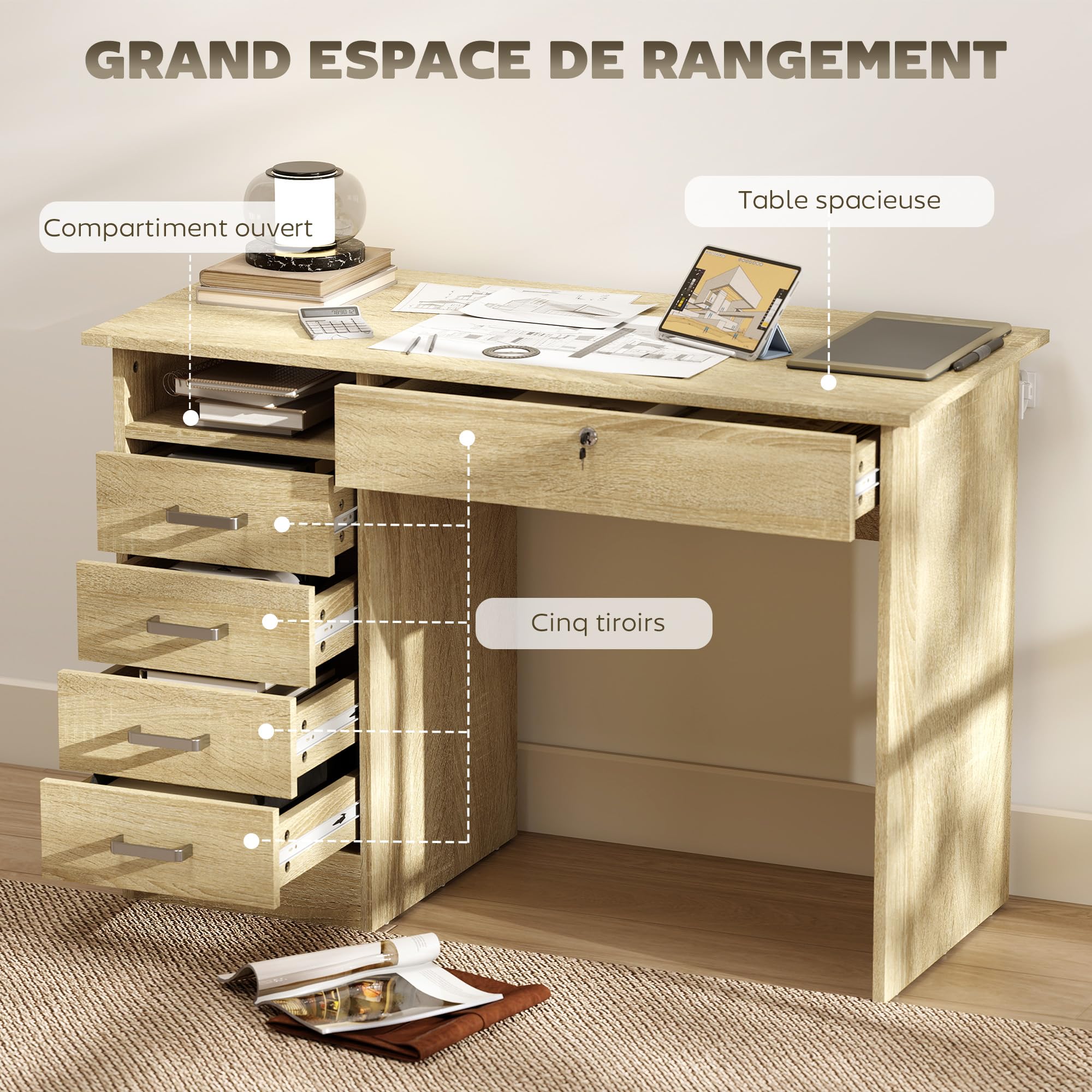 HOMCOM Tavolo per computer moderno con 5 cassetti, ampio piano, 1 scomparto aperto, cassetto con serratura, 110 x 50 x 76 cm, rovere