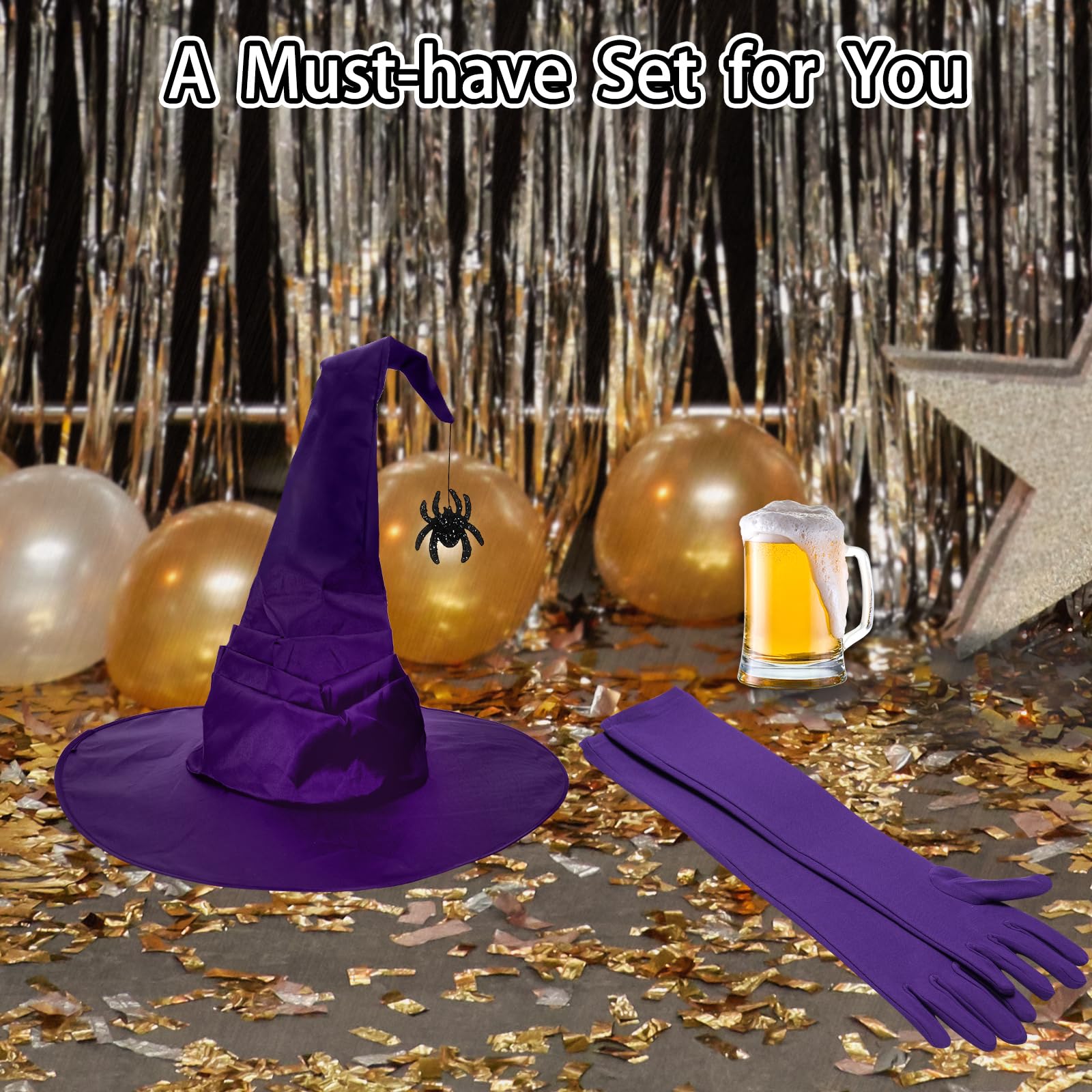 HSSPYY Witch Hat & Long Gloves Set for Women, Satin Foldable Witch Hat with Spider Charm & 45cm Stretch Gloves - Image 4