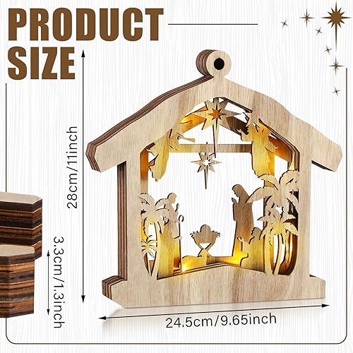 Miniatura 9 de Bucherry Juego de adornos de Navidad de madera para belén de Navidad, adornos de Navidad religiosos rústicos, adornos de Navidad con luz LED para
