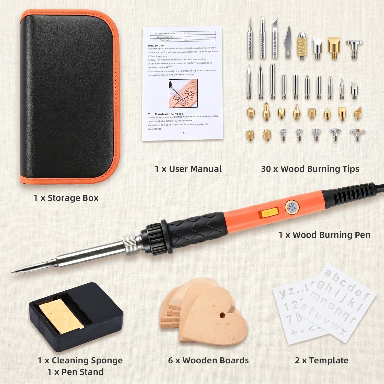 Carehabi Kit de Pirograbado para Madera, Soldador Pirograbador con Temperatura Ajustable 200℃-450℃, Lápiz Térmico para Madera, Cuero, Grabado y Soldadura, Kit de Regalo DIY para Manualidades y Pirogra