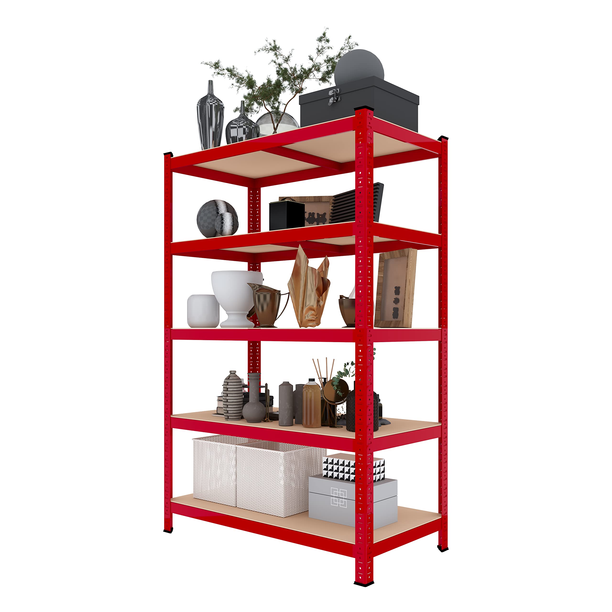Bricozone Scaffale In MDF E Metallo Con 5 Ripiani Regolabili In Altezza Mensole Alta Portata Fino a 875 kg Garage Officina Cantina Capannone Magazzino Design Modulare 180 x 90 x 60 cm (Red)