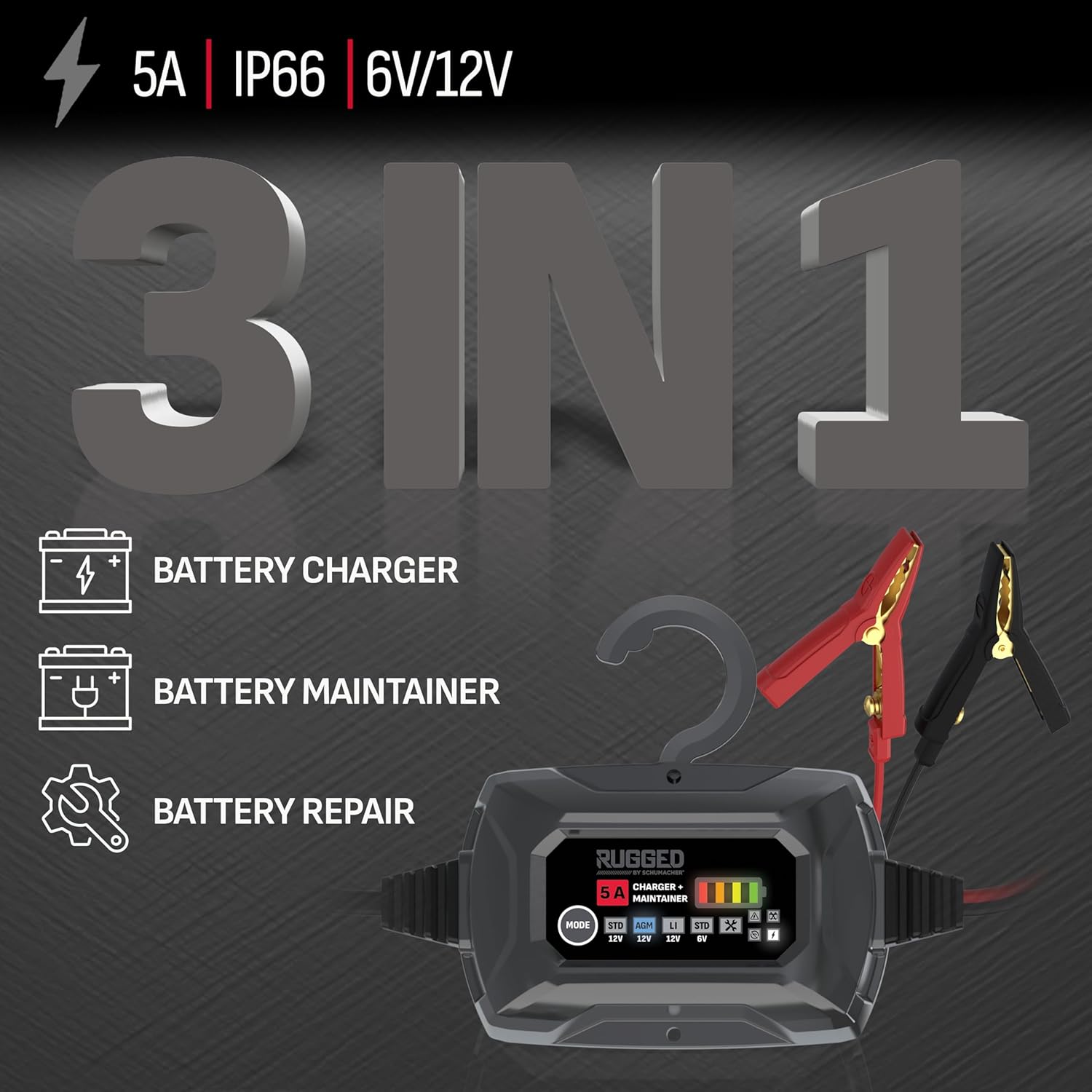 Schumacher Electric Rugged 5A Car Battery Charger and Maintainer, 3-in-1 Solution, for 6V/12V Power Sport, Automotive, and Marine Batteries, SC1682