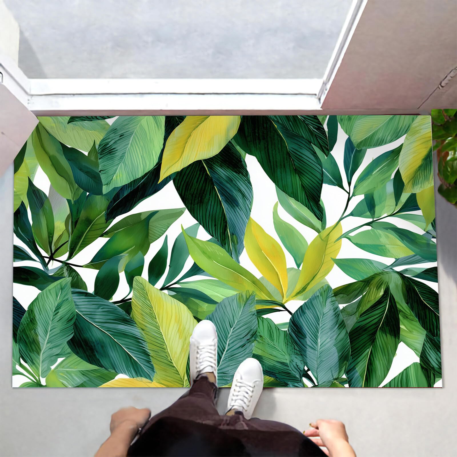 Schmutzfangmatte 80X120Cm, Frische Blätter Rutschfeste & Waschbare Fußmatte Innen, Saugfähiger Türvorleger, Wasserdicht, Ideal Frische Aquarellmalerei Für Eingangsbereich, Haustür & Flur, Gelbgrün