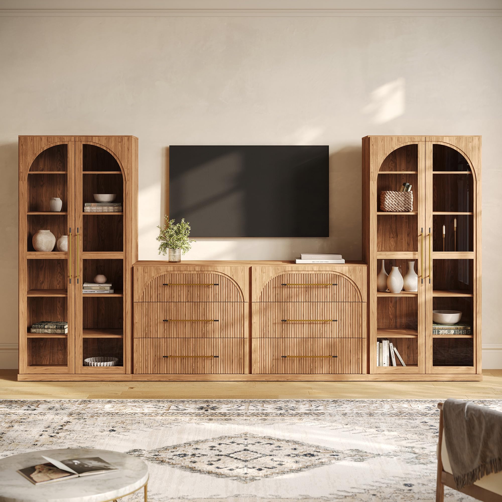 BELLEZE Jagger 128" Wall Unit 4-Piece Modular TV Stand - Camel