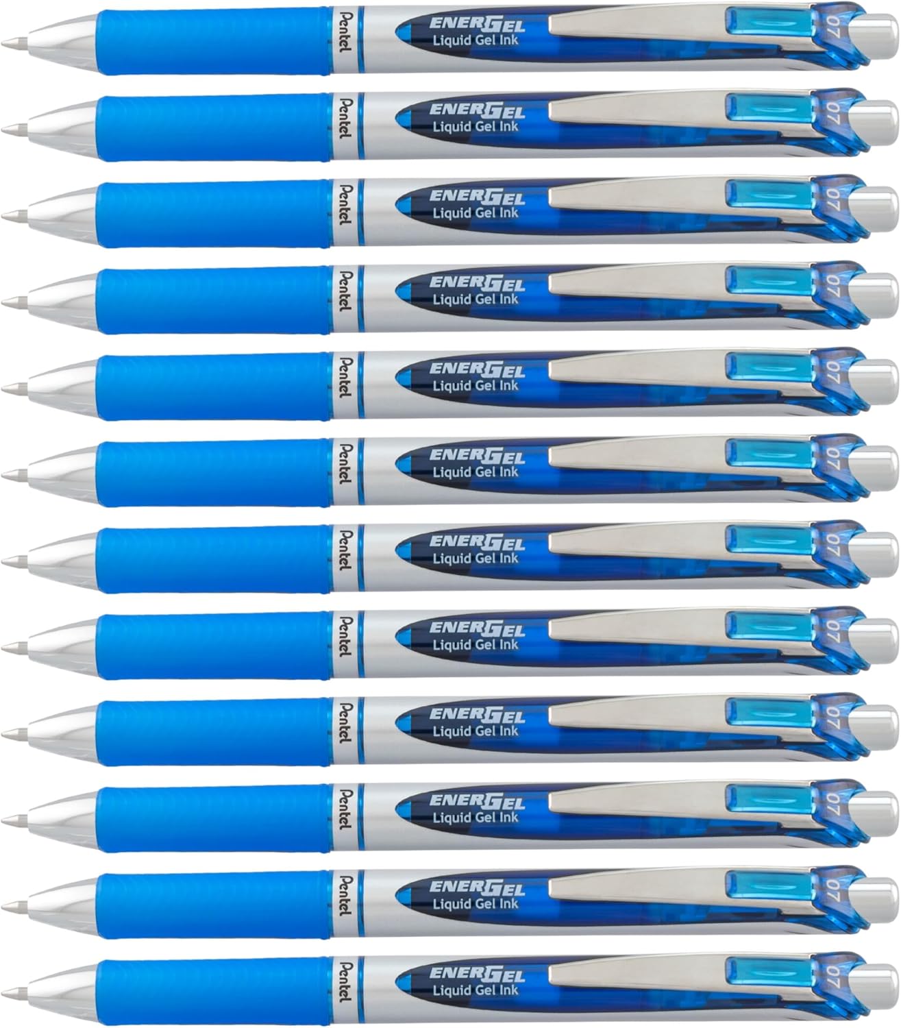 Pentel EnerGel RTX Gel Pens, 0.7 mm Metal Tip, Black/Silver Barrel, Blue Ink, Box of 12 (BL77-C)