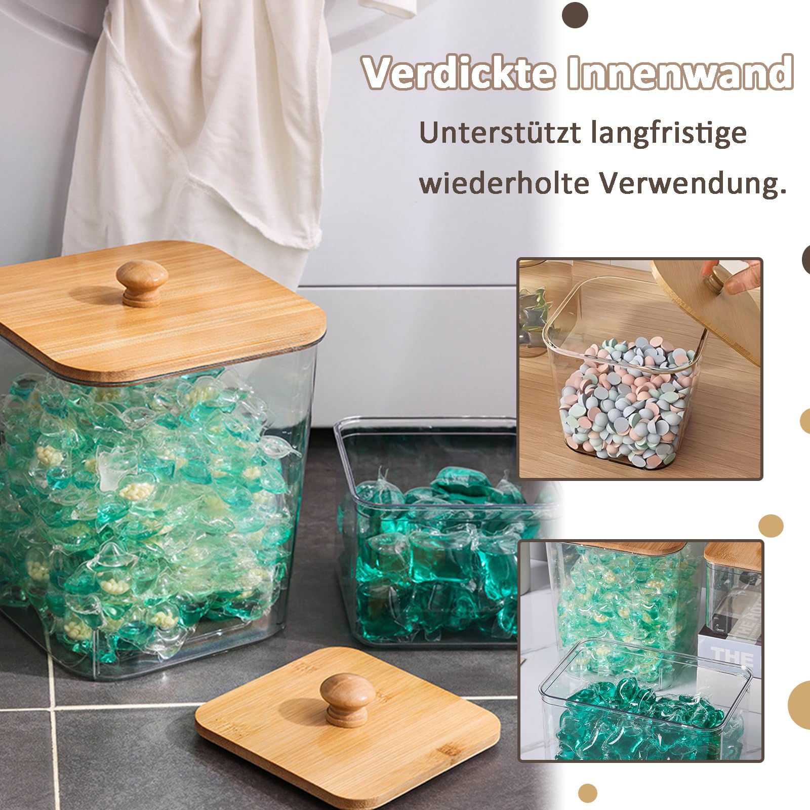 Opbergdoos voor wasmiddel, wasmiddeldoos met etiketten, opslag van wasmiddelcapsules, van kunststof, voor het bewaren van wasmiddel, opbergdoos met deksel van bamboe (rechthoekig