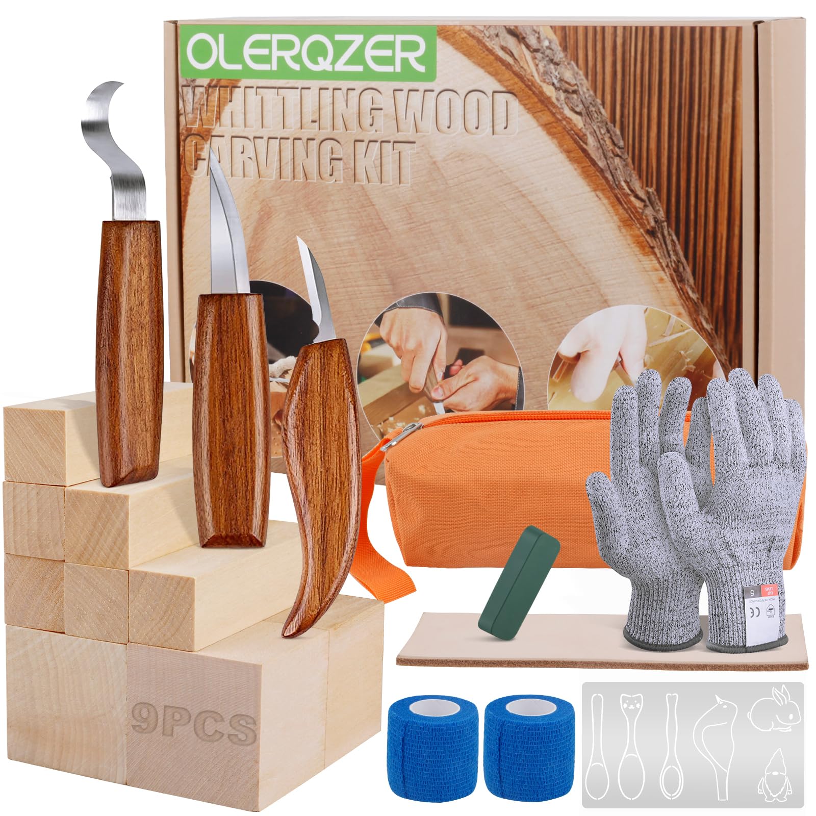 OlerqzerWhittling Wood Carving Kit,22PCS Wood Carving Tools Hand Carving Knife Set for Beginners Adults and Teens,3PCS Whittling Knife 9PCS Blocks & Gloves for Widdling Kit (Upgraded)
