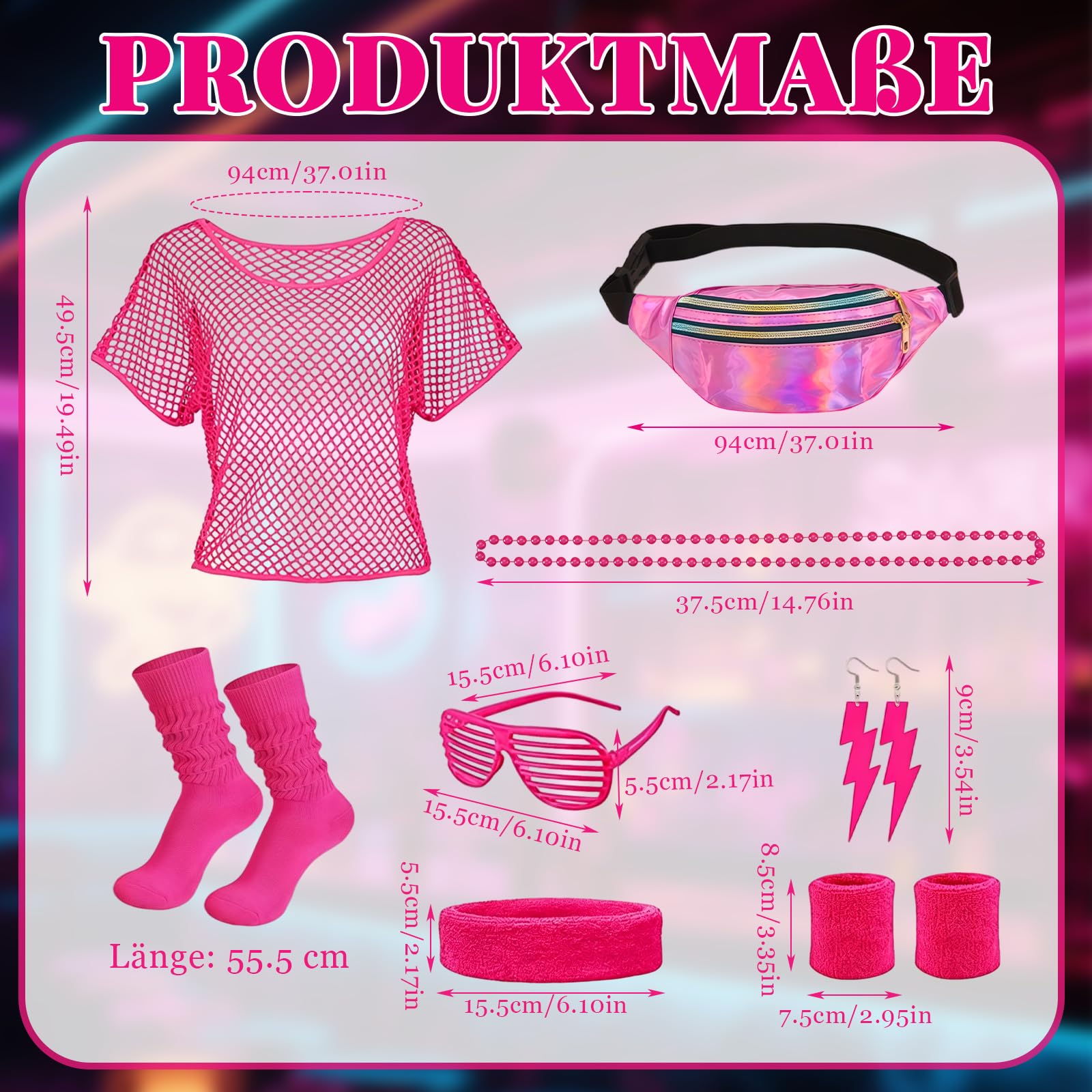 80er Jahre Accessoires Damen 90er Set, mit Oberteil, Gürteltasche, Socken, Haarband, Halskette, Ohrringe, Brille, 80er 90er Jahre Accessoires Outfit Damen 80s für Karneval Neon Party