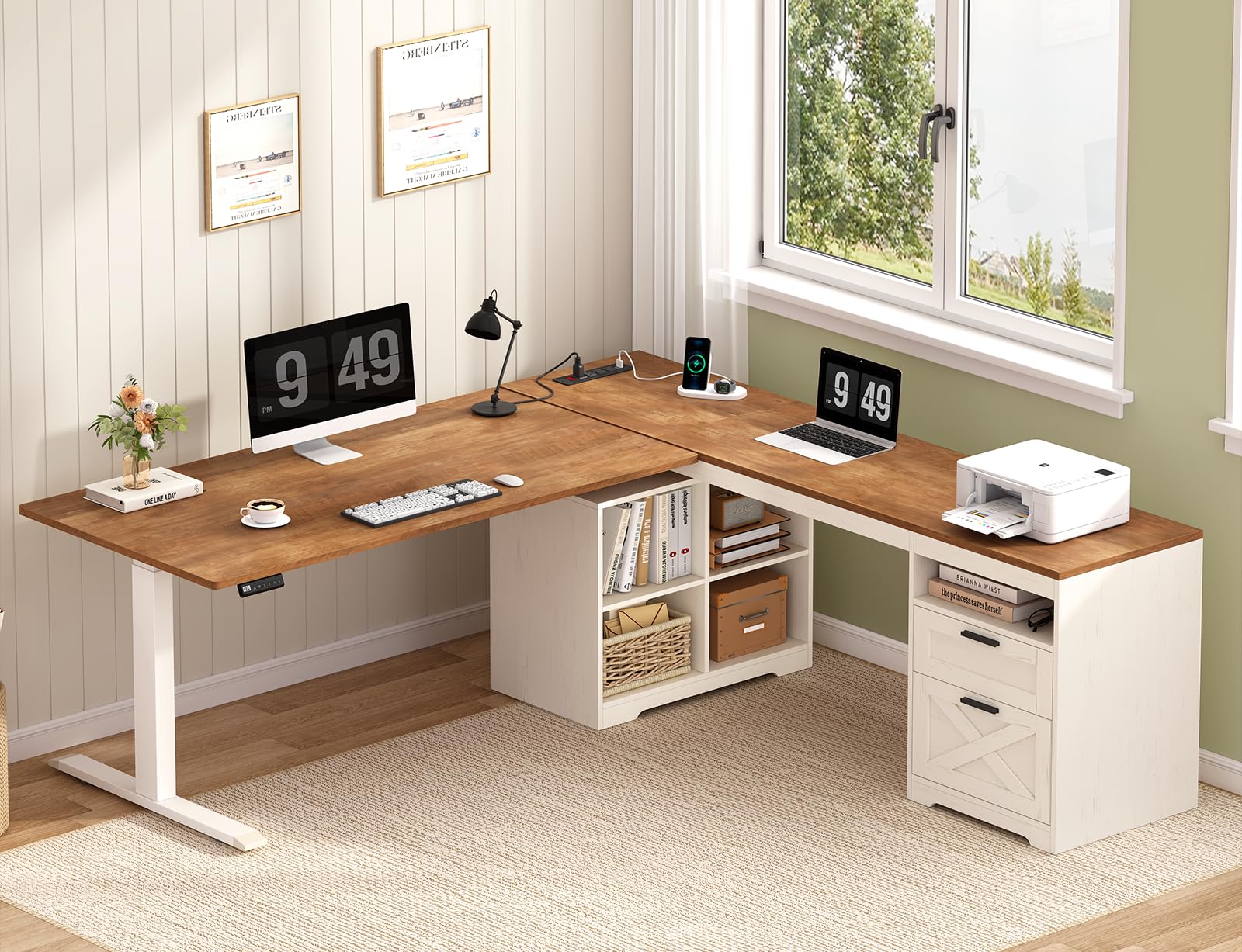 Farmhouse L Shaped Standing Desk 66 inch Corner Electric Standing Desk with Drawers Storage Shelves Height Adjustable Computer